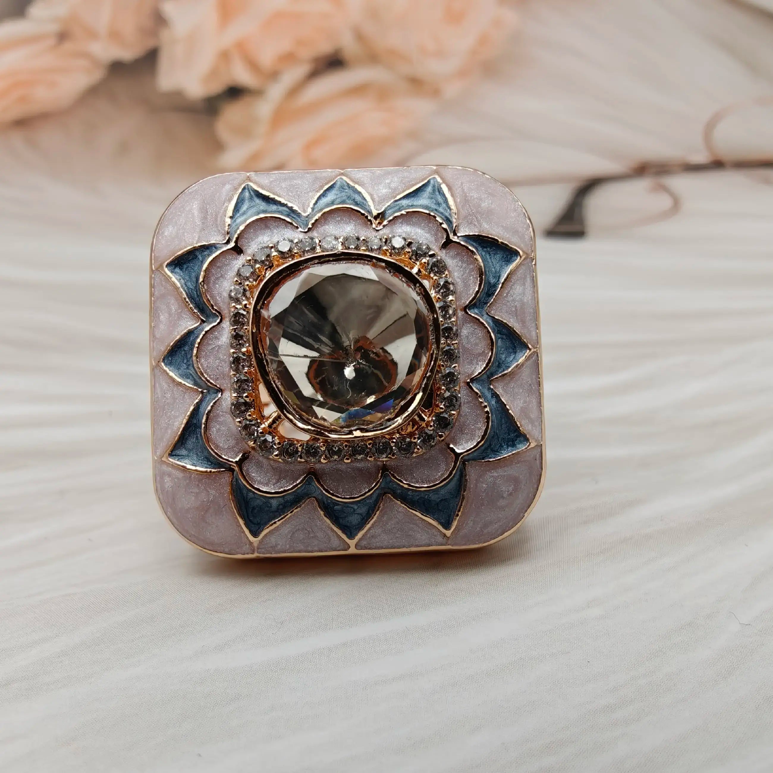 Sahiba Italian Enamel And Moissanite Adjustable Ring - Pink N Powder Blue