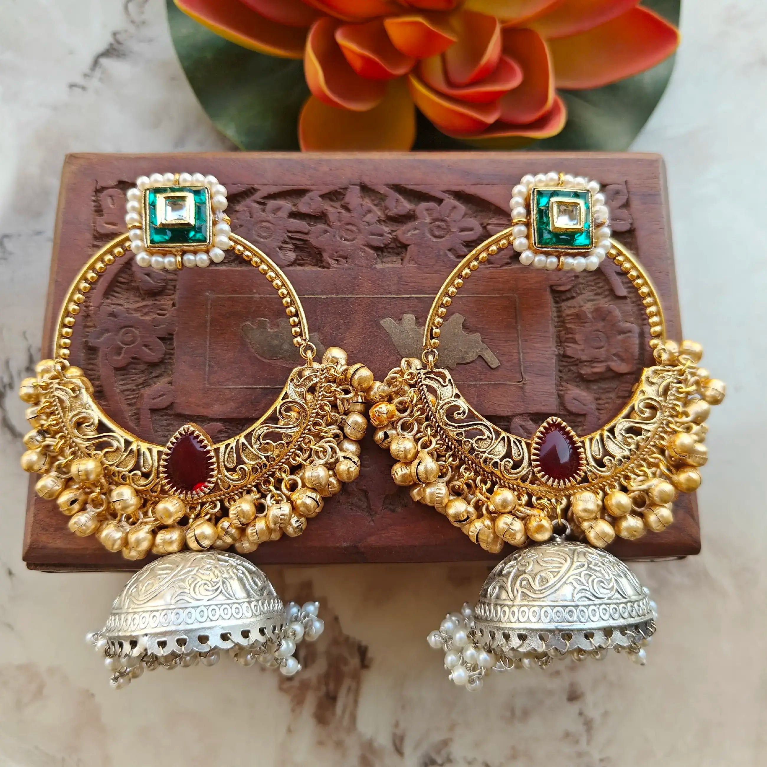 Natasha Dual Tone Amrapali Brass Fusion Jhumki- Ruby