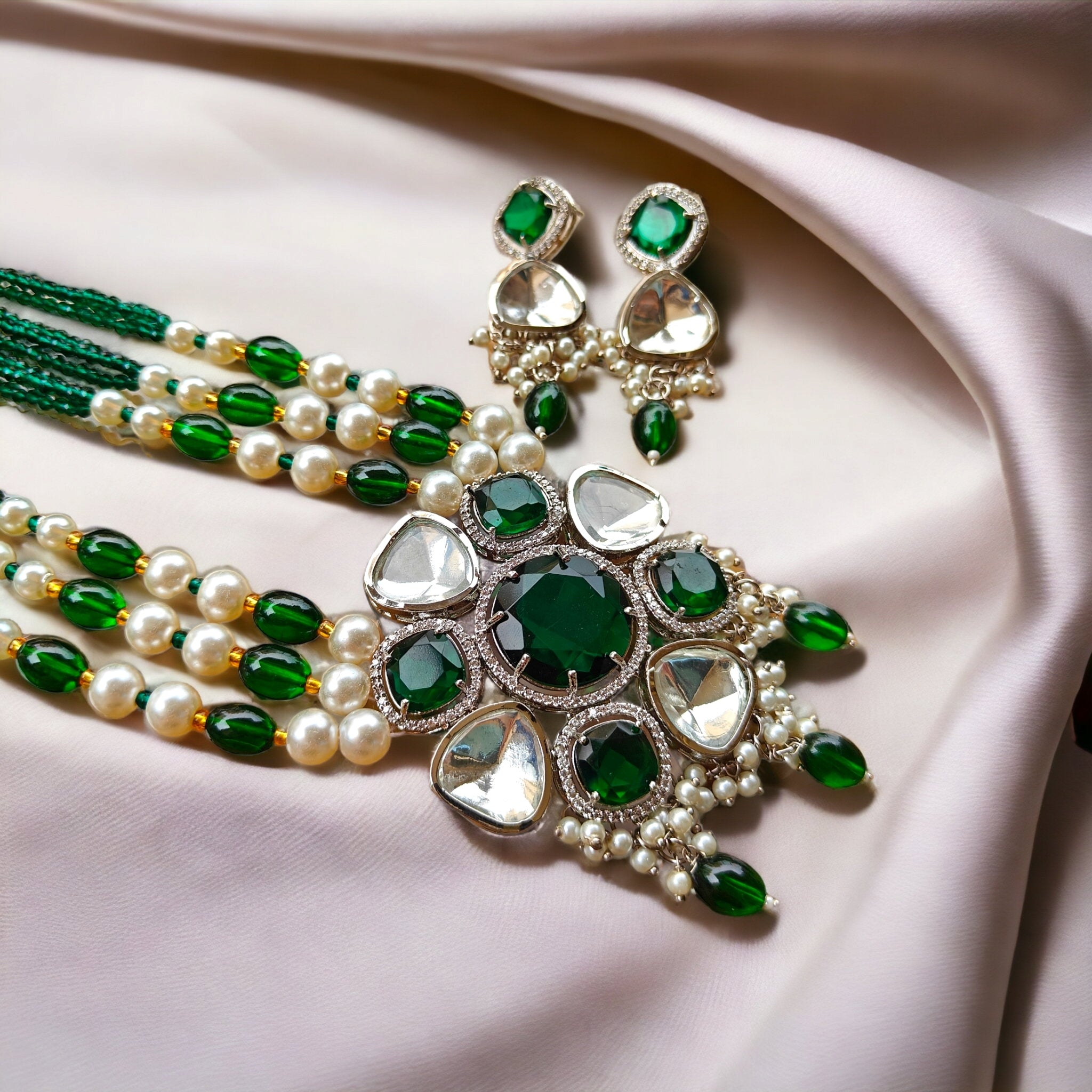 Eva Premium Polki Long Necklace- Green