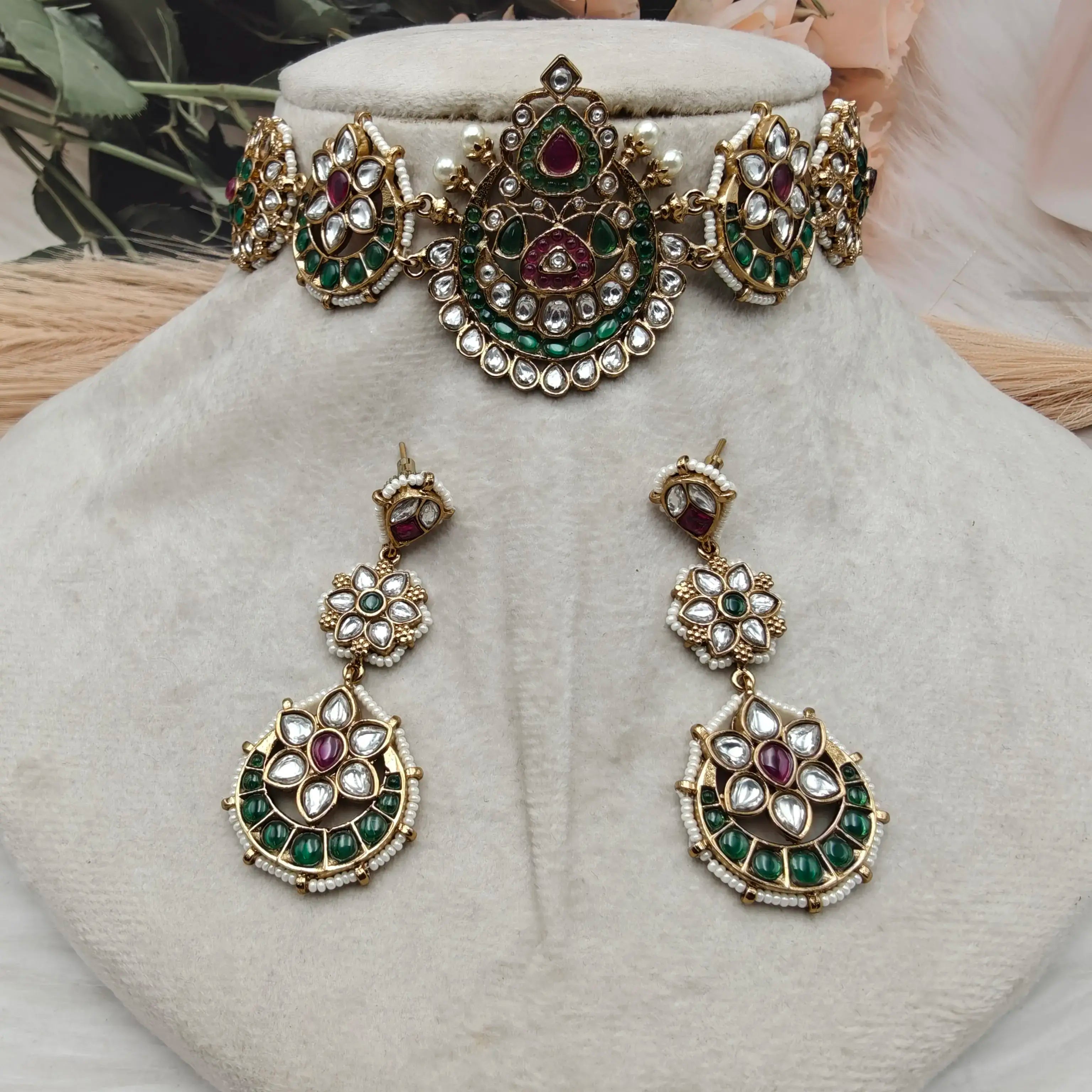 Saanjh Heritage Jadau Kundan Choker Necklace Set - Green n Ruby