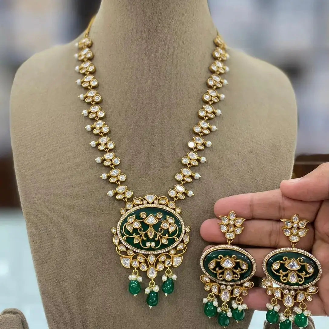 Wahida Uncut Polki Moissanite Necklace Set - Green