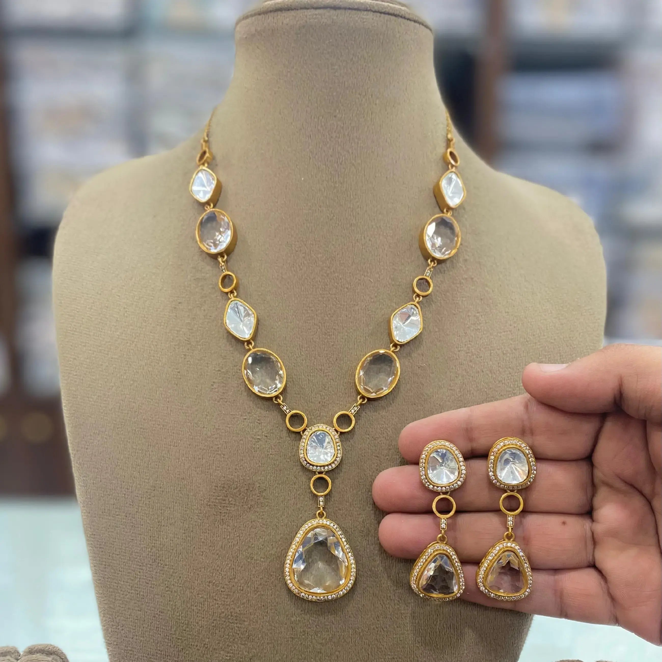 Shelly Uncut Polki Necklace Set - Clear White