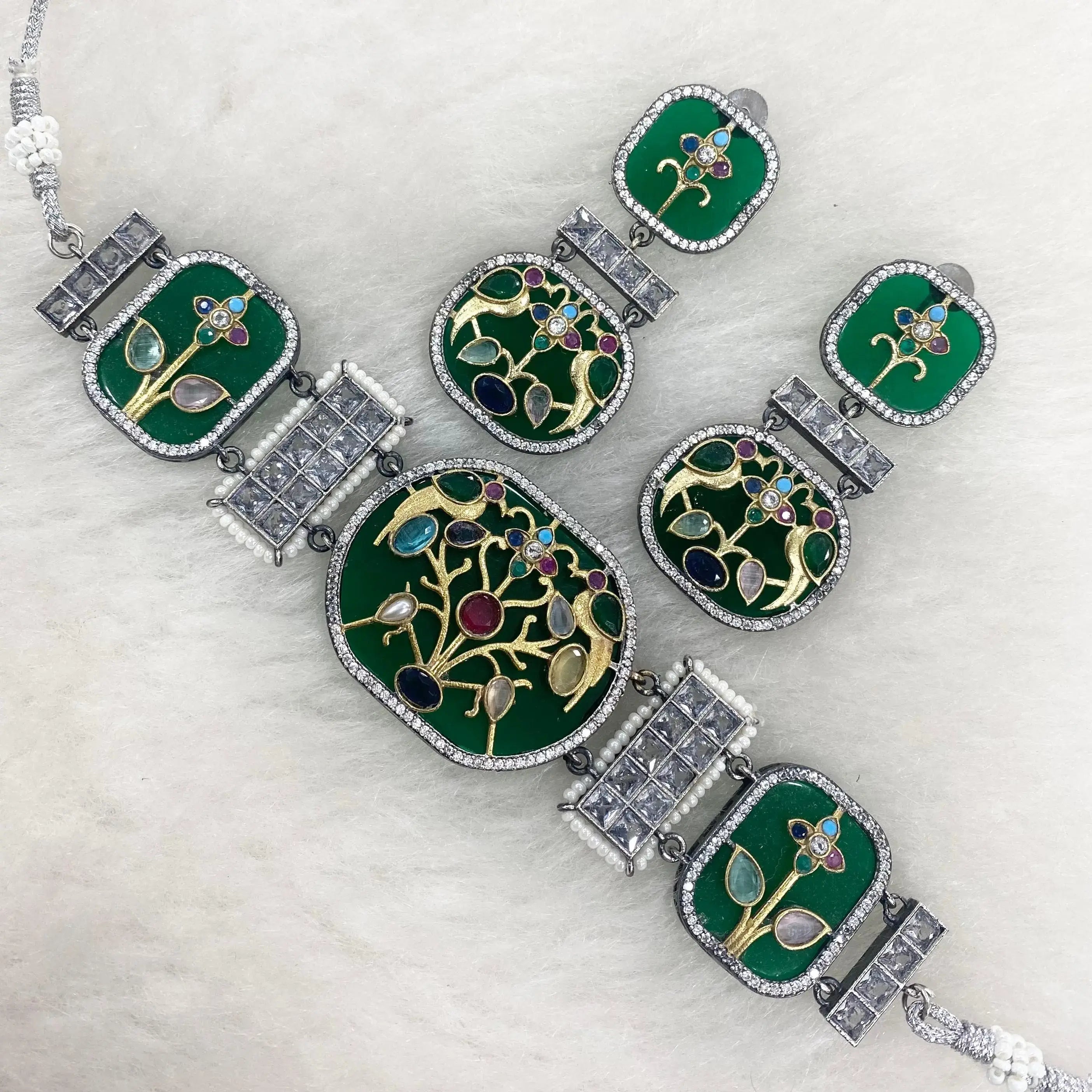 Panchi German Silver Choker Set- Green