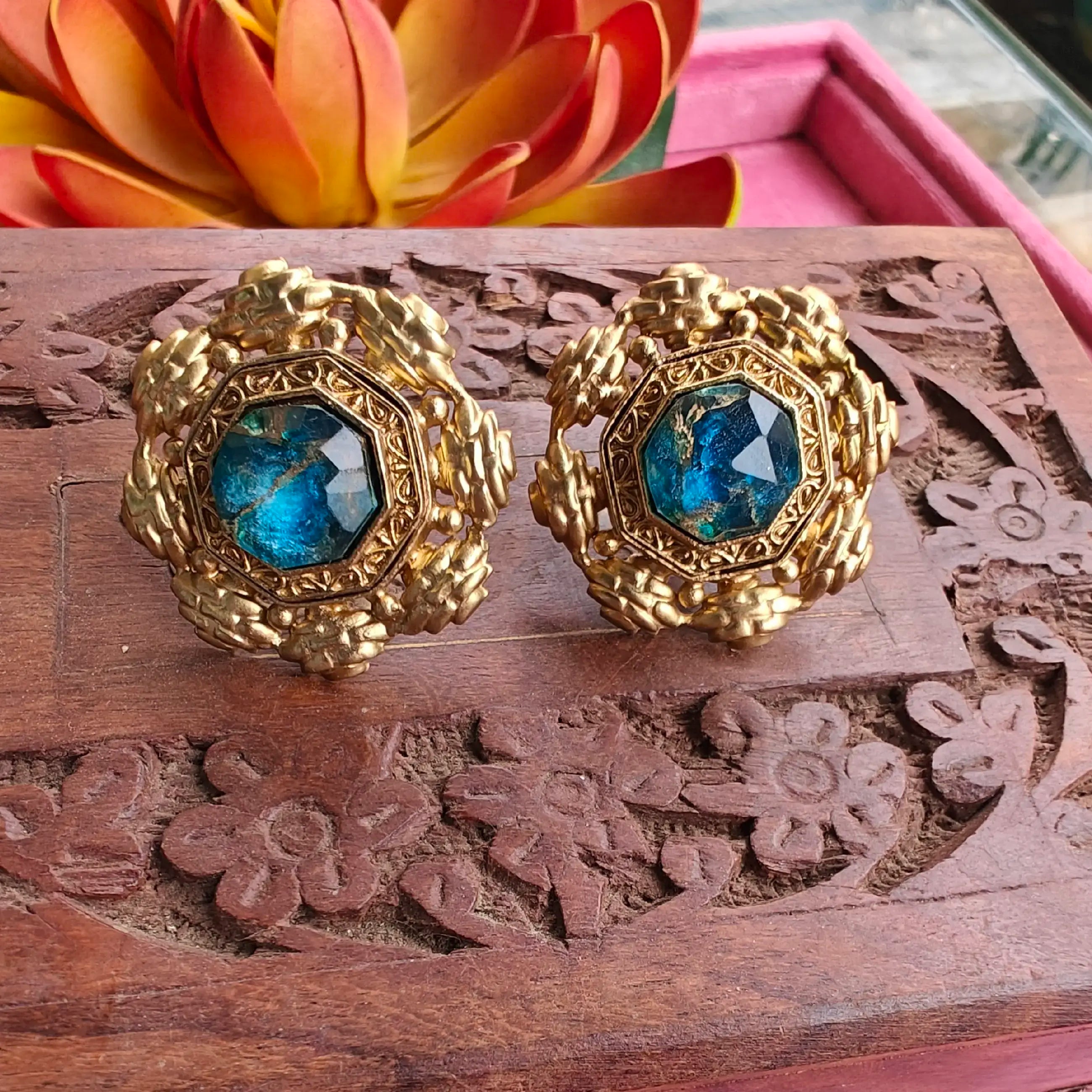 Jannat Amrapali Brass Fusion Tourmaline Doublet Studs - Teal Blue