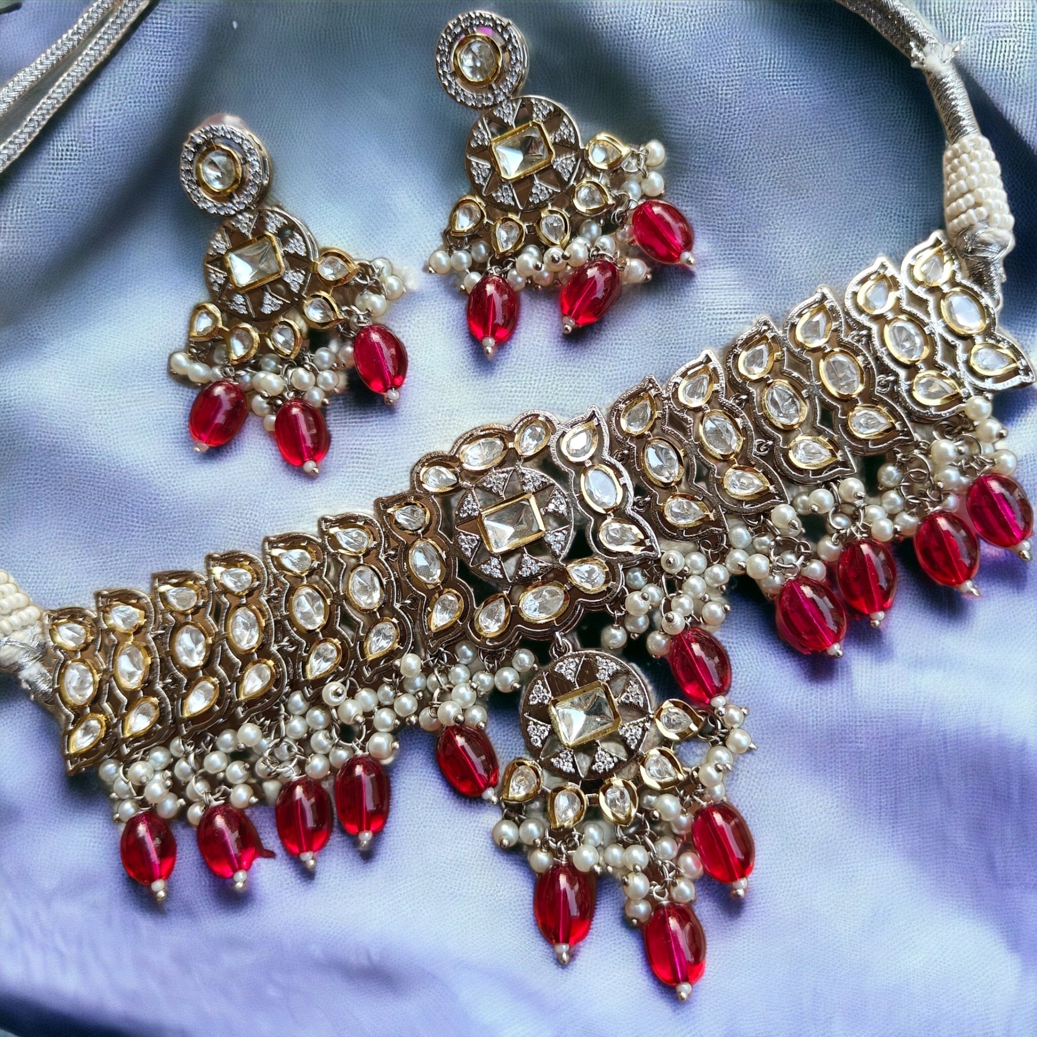 Kumkum Polki Choker Set- Hot Pink