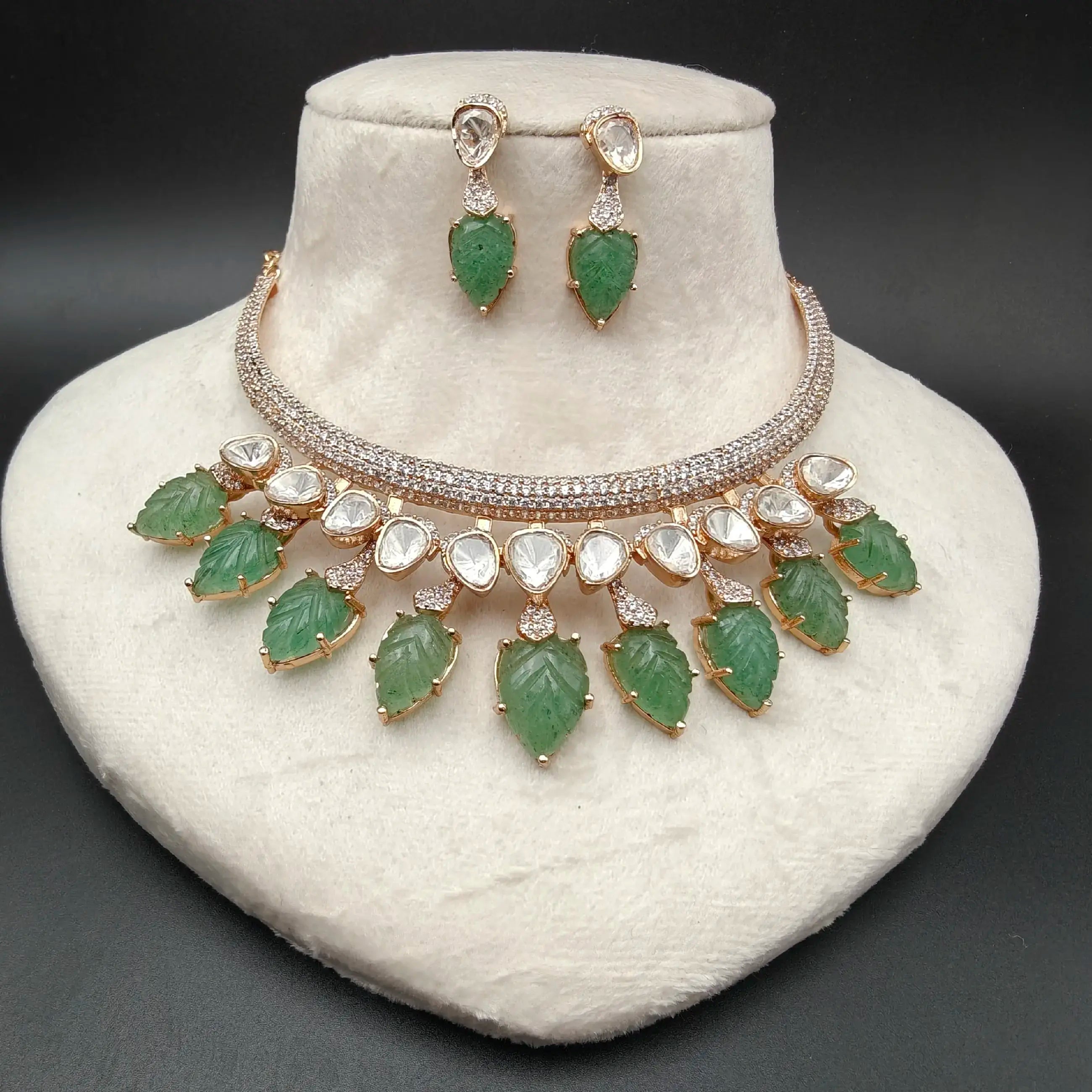 Khushi Moissanite Carved Onyx Stones Necklace Set- Mint Green