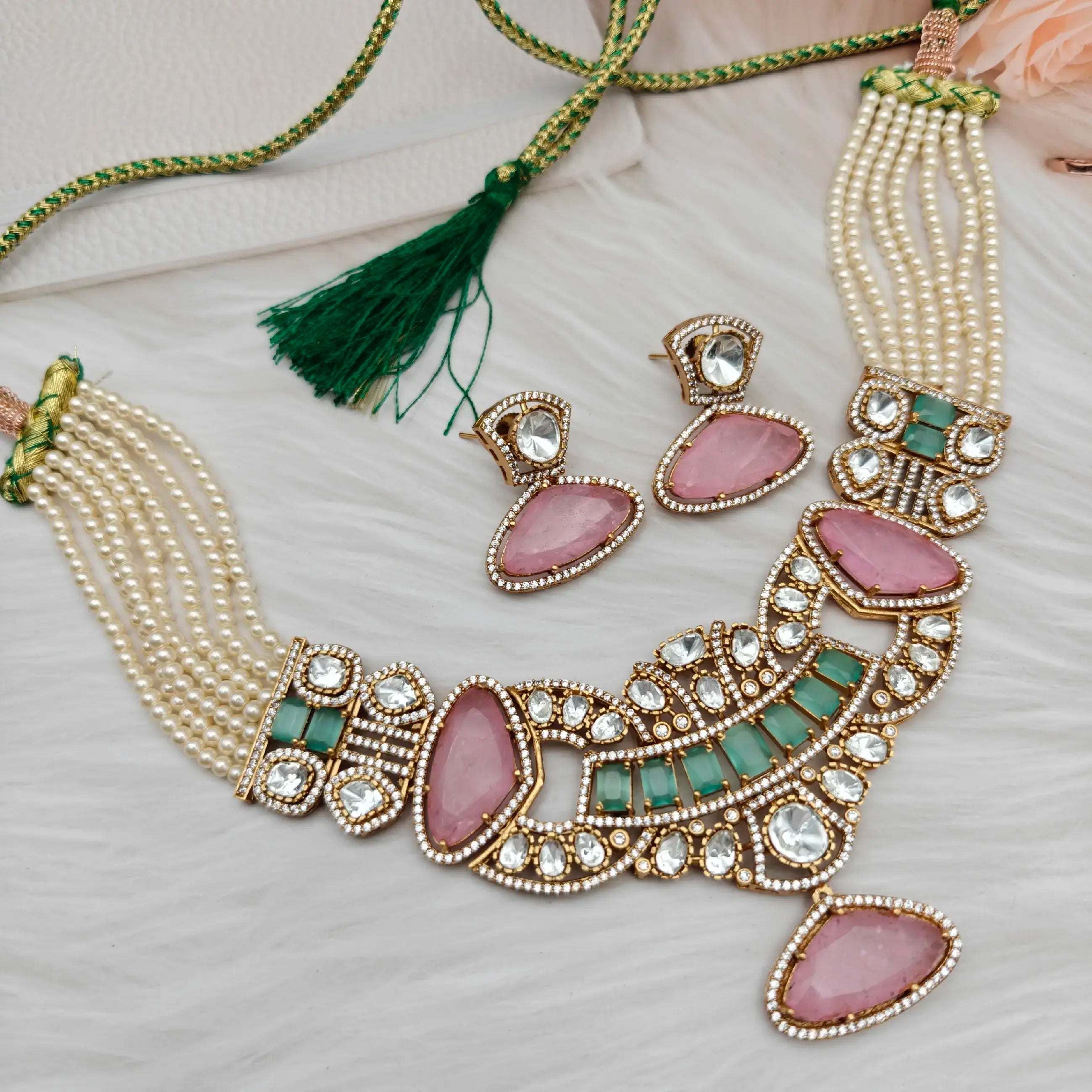 Apsara Doublet And Moissanite Necklace Set - Pink And Mint