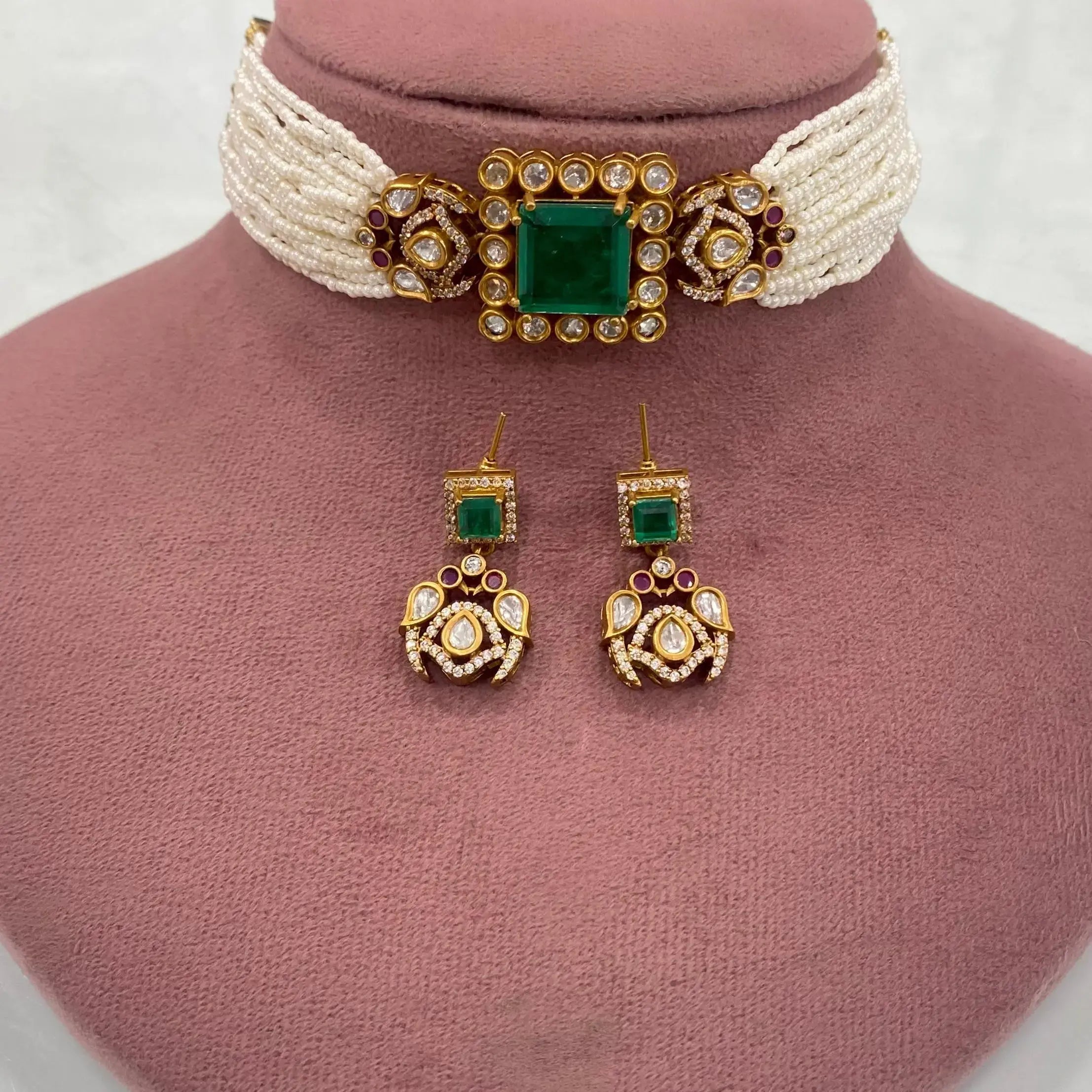 Tanzida Doublet Choker Set- Emerald Green