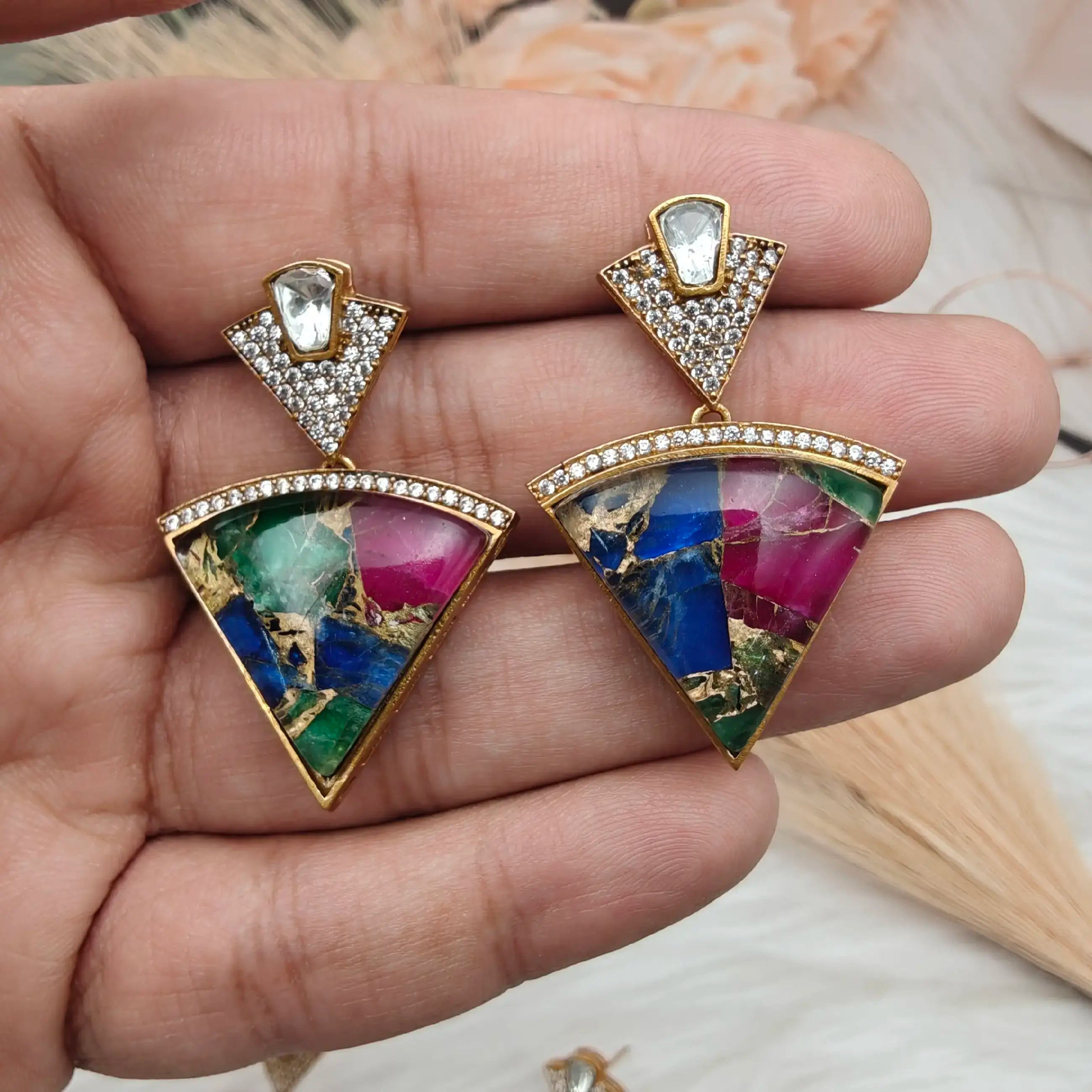 Medha Tourmaline Doublet Uncut Moissanite Polki Earrings - Multi