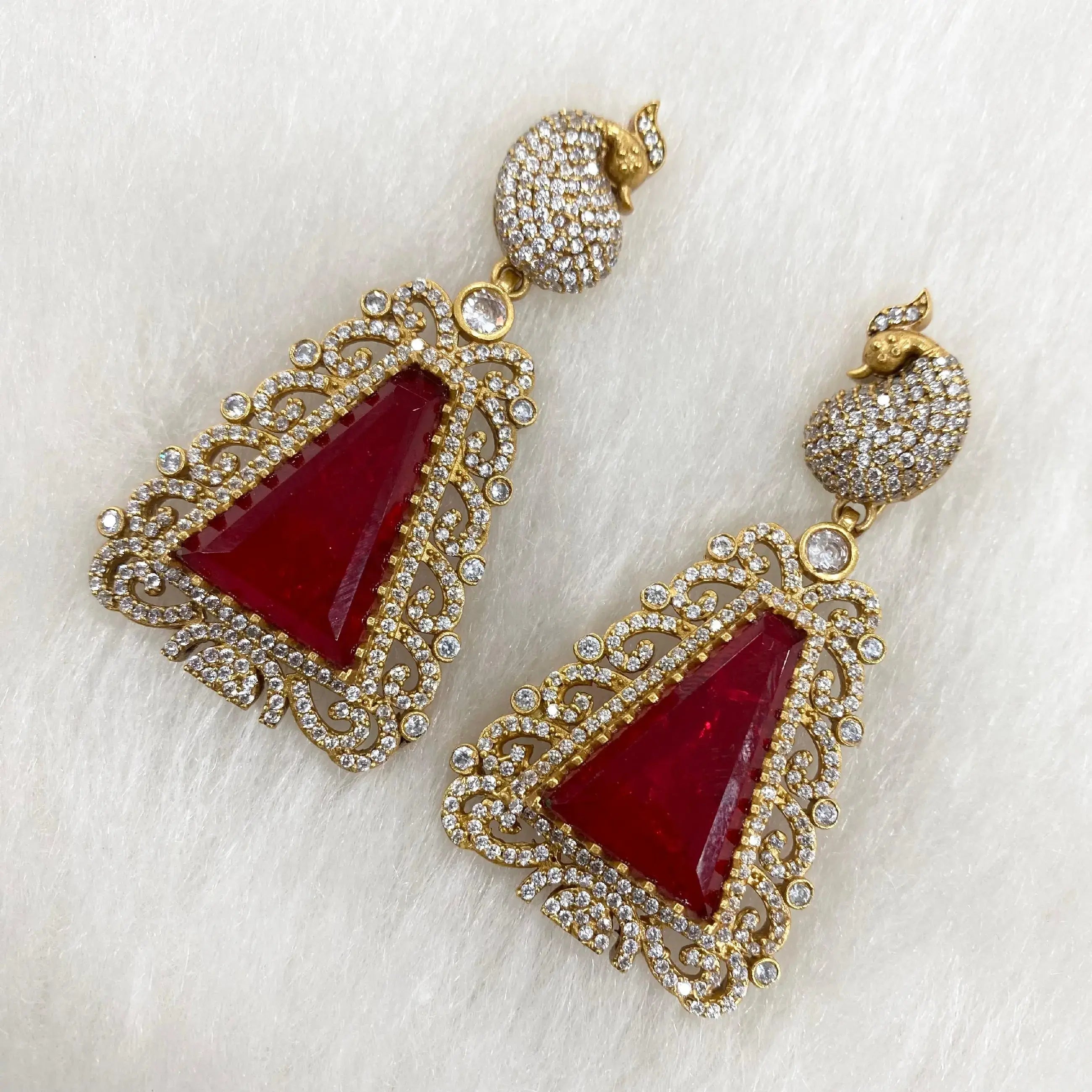 Peacock Jadau AD And Doublet Earrings- Ruby Red