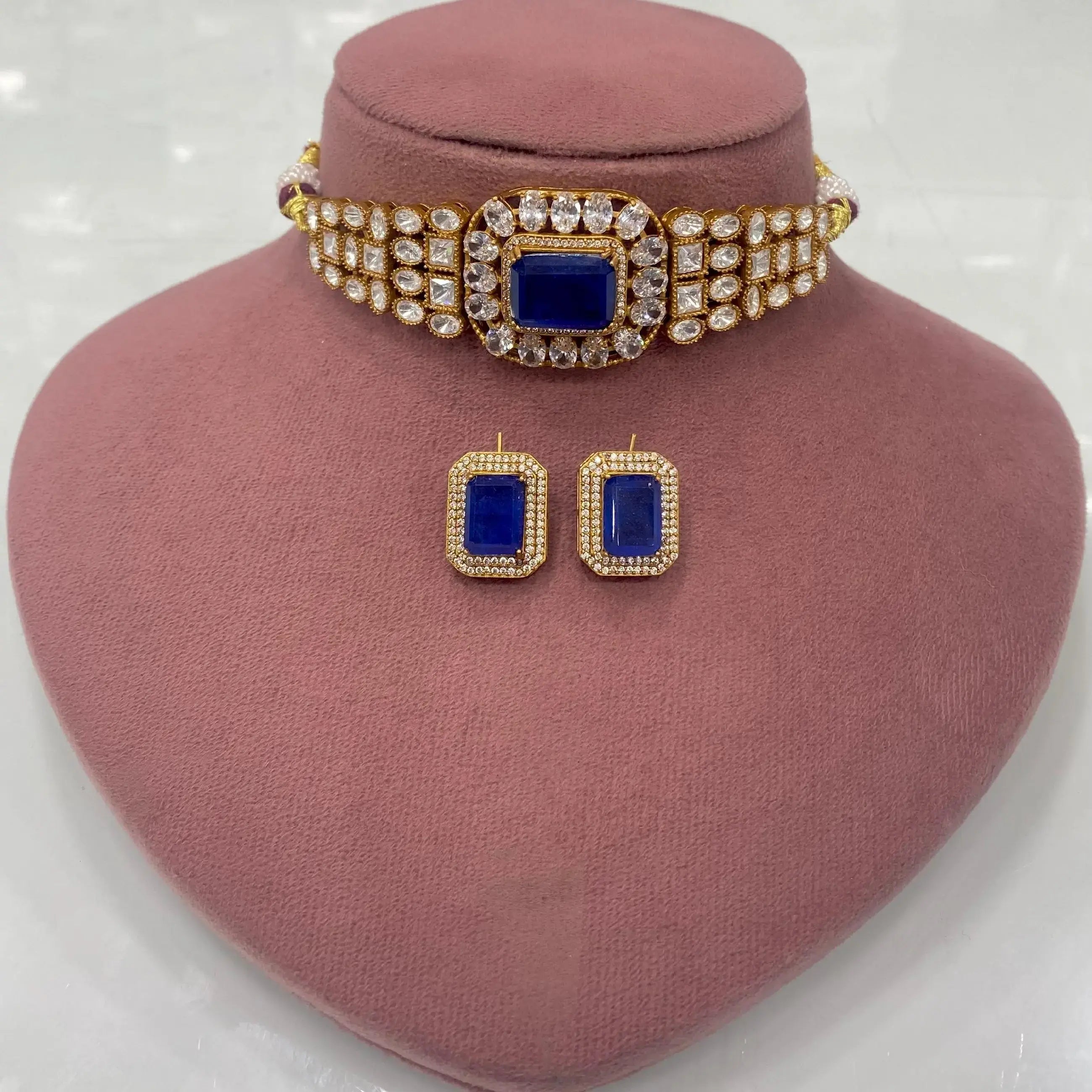 Kumud Doublet And Polki Choker Set - Blue