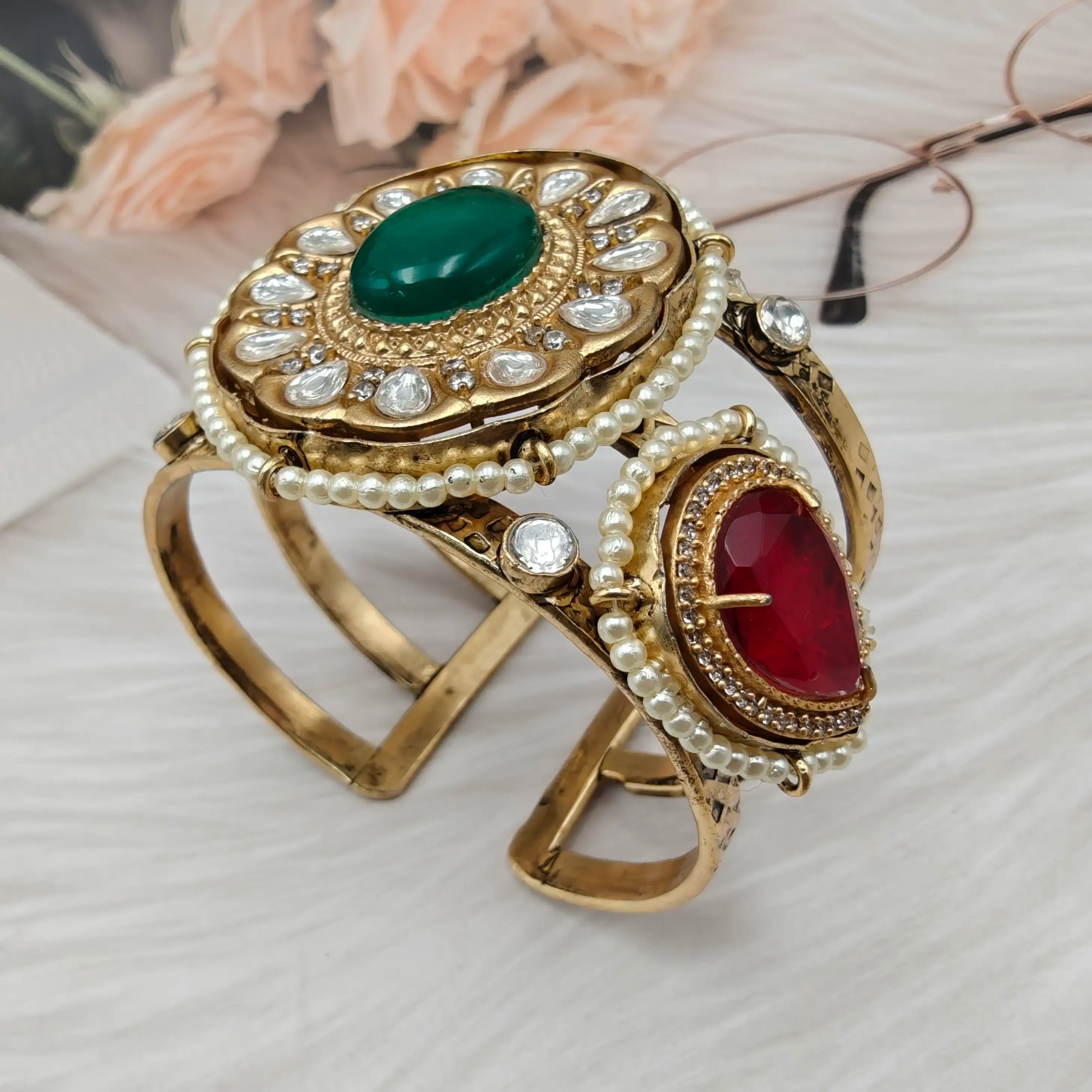 Zara Handcrafted Doublet Brass Fusion Handcuff- Red n Green