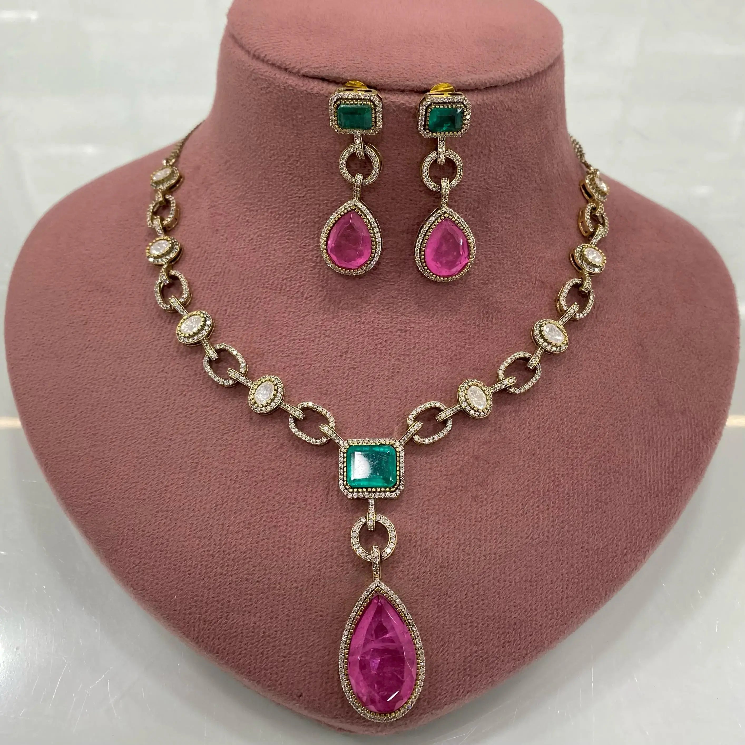 Shraddha Doublet and Uncut Moissanite Polki Necklace Set - Pink n Rama Green