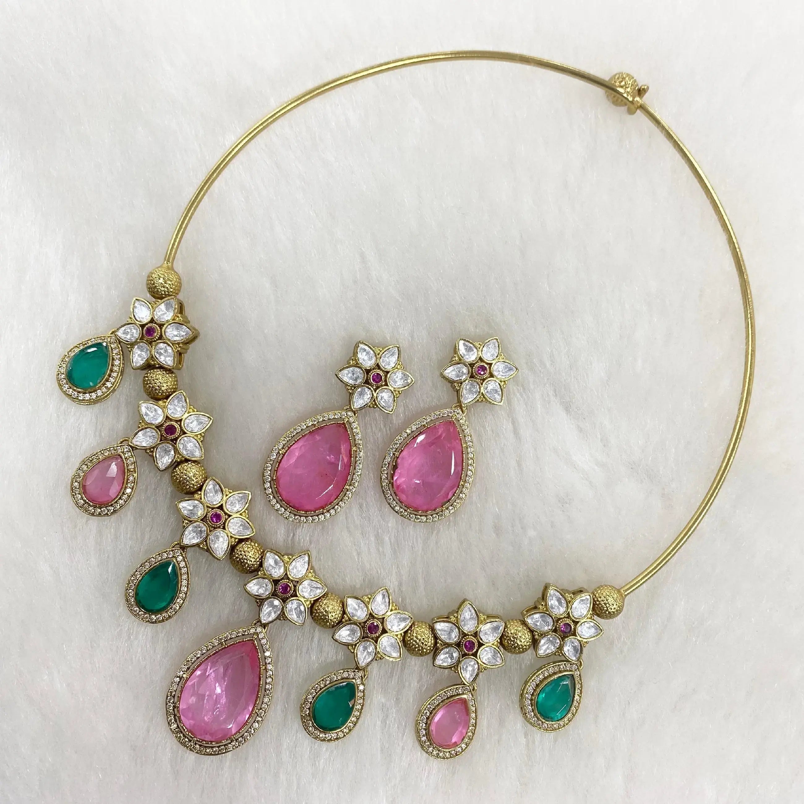 Sunidhi Doublet N Uncut Polki Moissanite Hasli Necklace Set - Pink N Rama Green