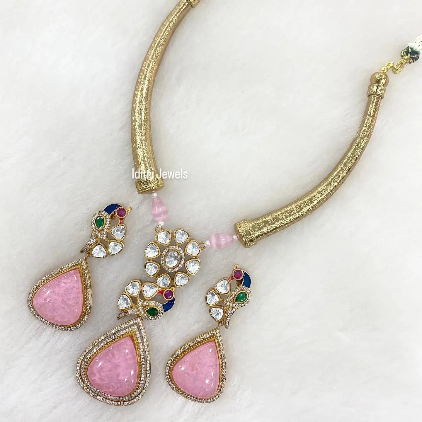 Kayal Cabochon Doublet Uncut Polki Hasli Necklace Set - Pink