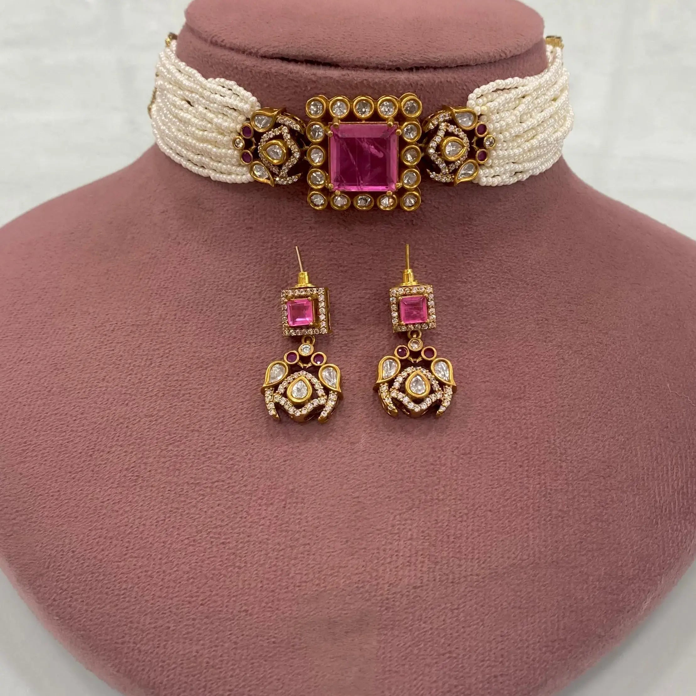 Tanzida Doublet Choker Set- Fuschia Pink