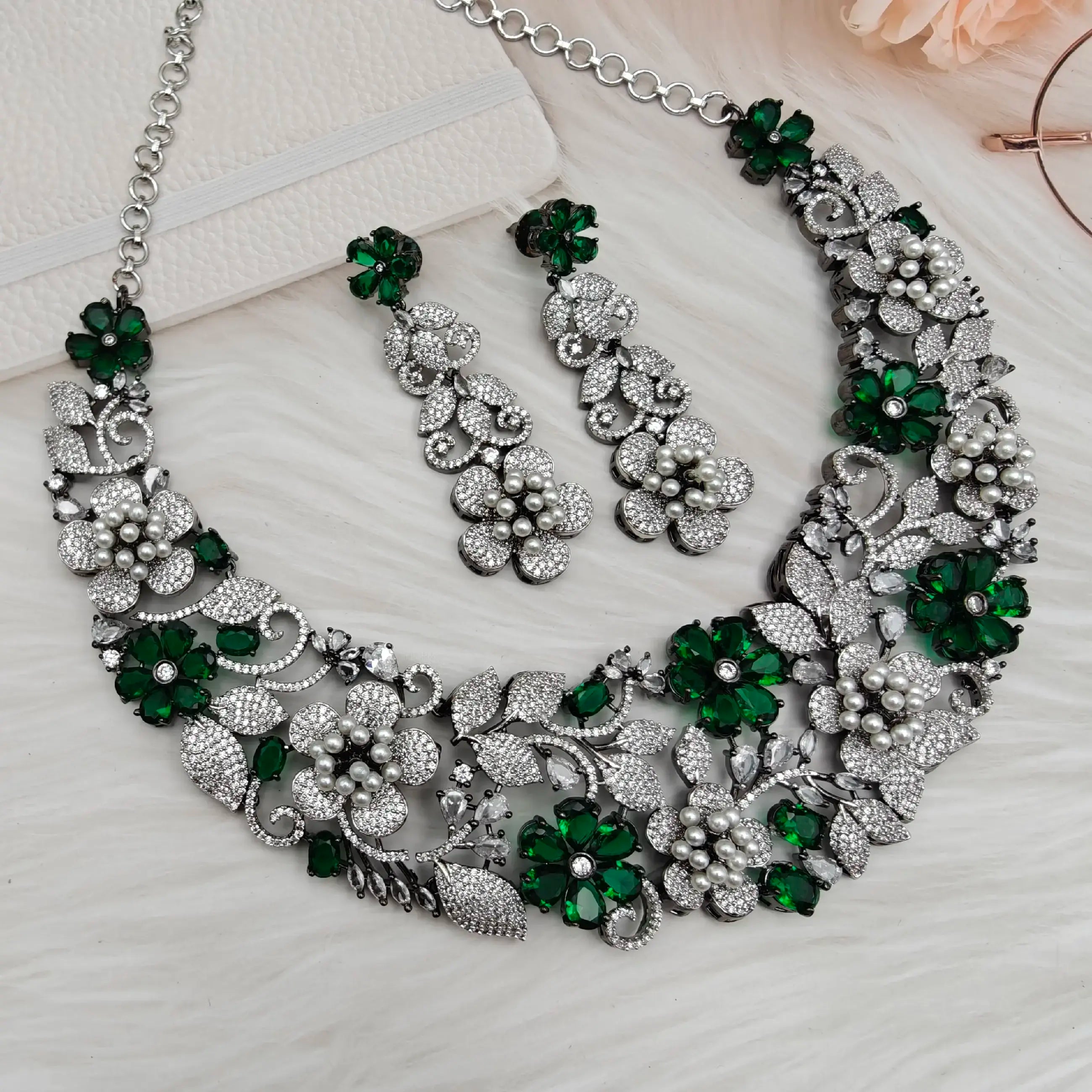Naksha Premium Pearl And Zirconia Necklace Set - Green