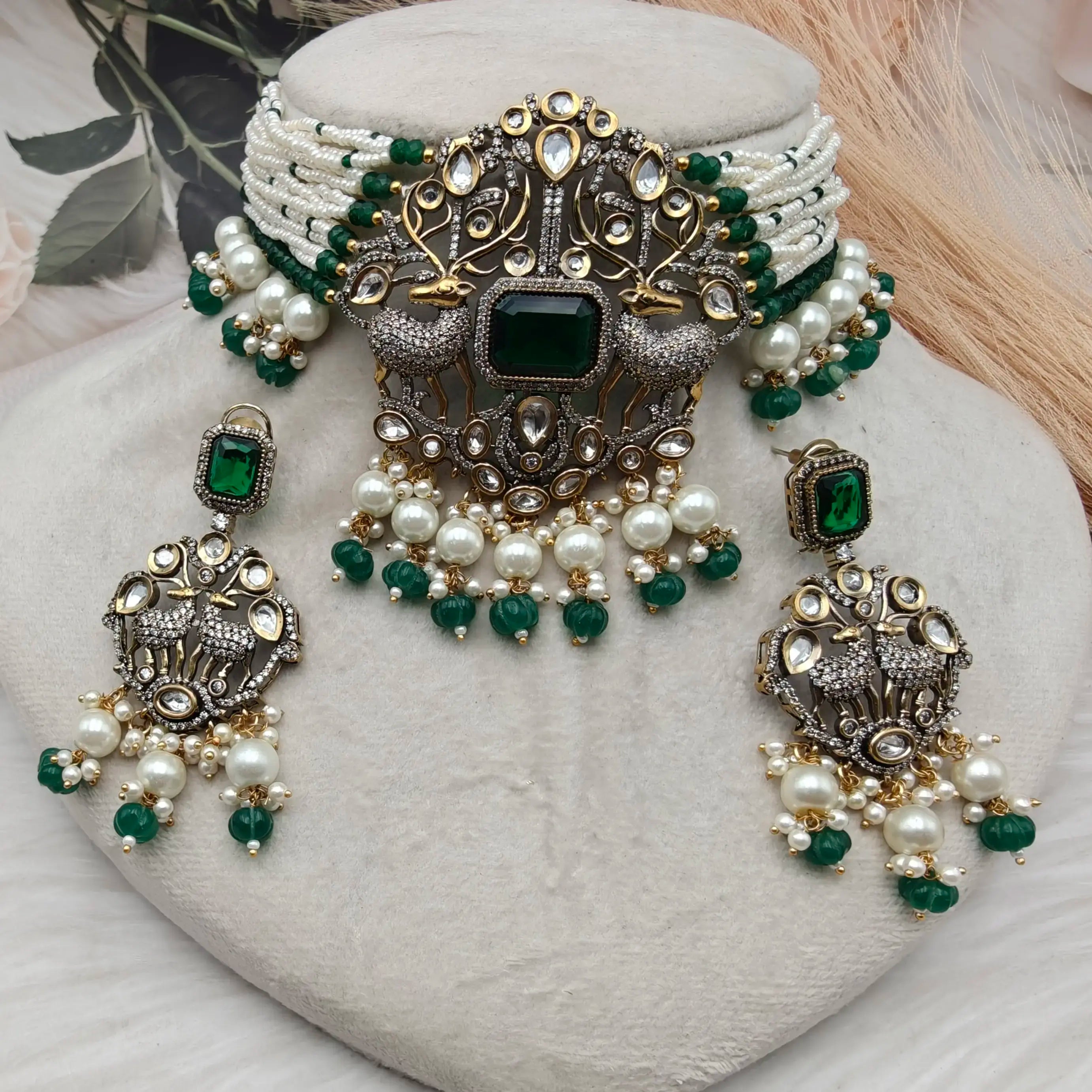 Mrig Premium Uncut Polki Moissanite Choker Set - Green