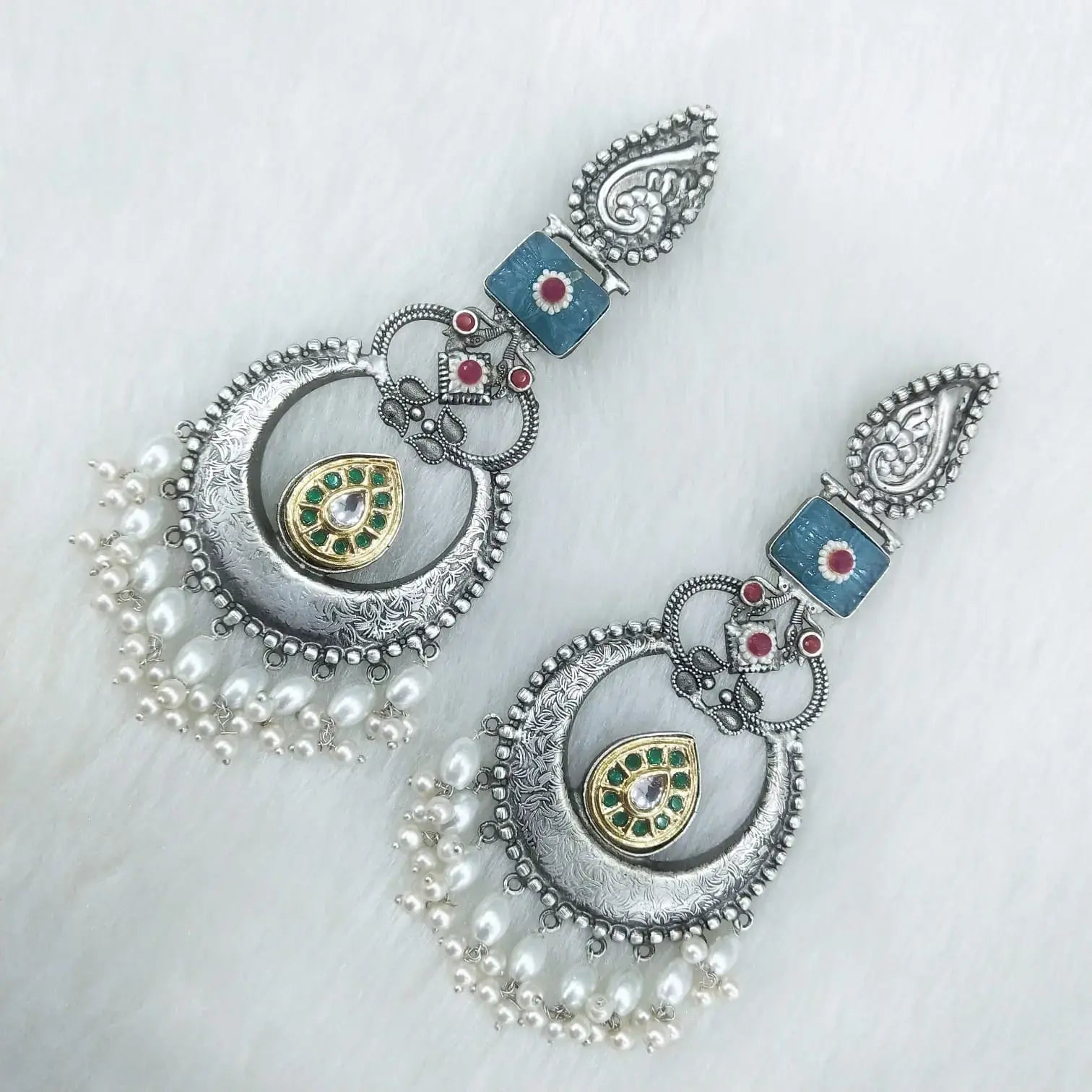 Ria Tribal Fusion Brass Earrings- Sky Blue
