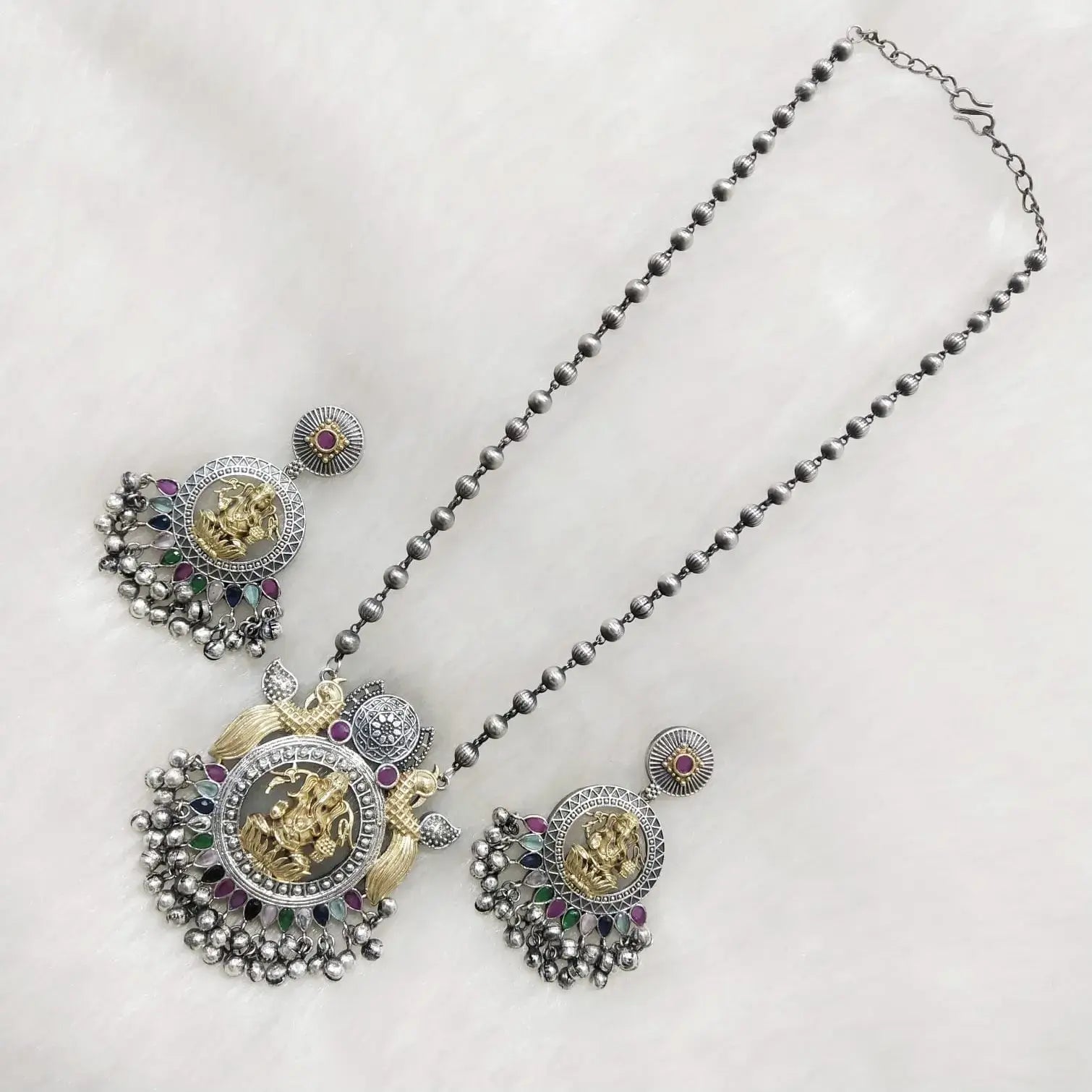 Ganesha German Silver Long Necklace- Multi