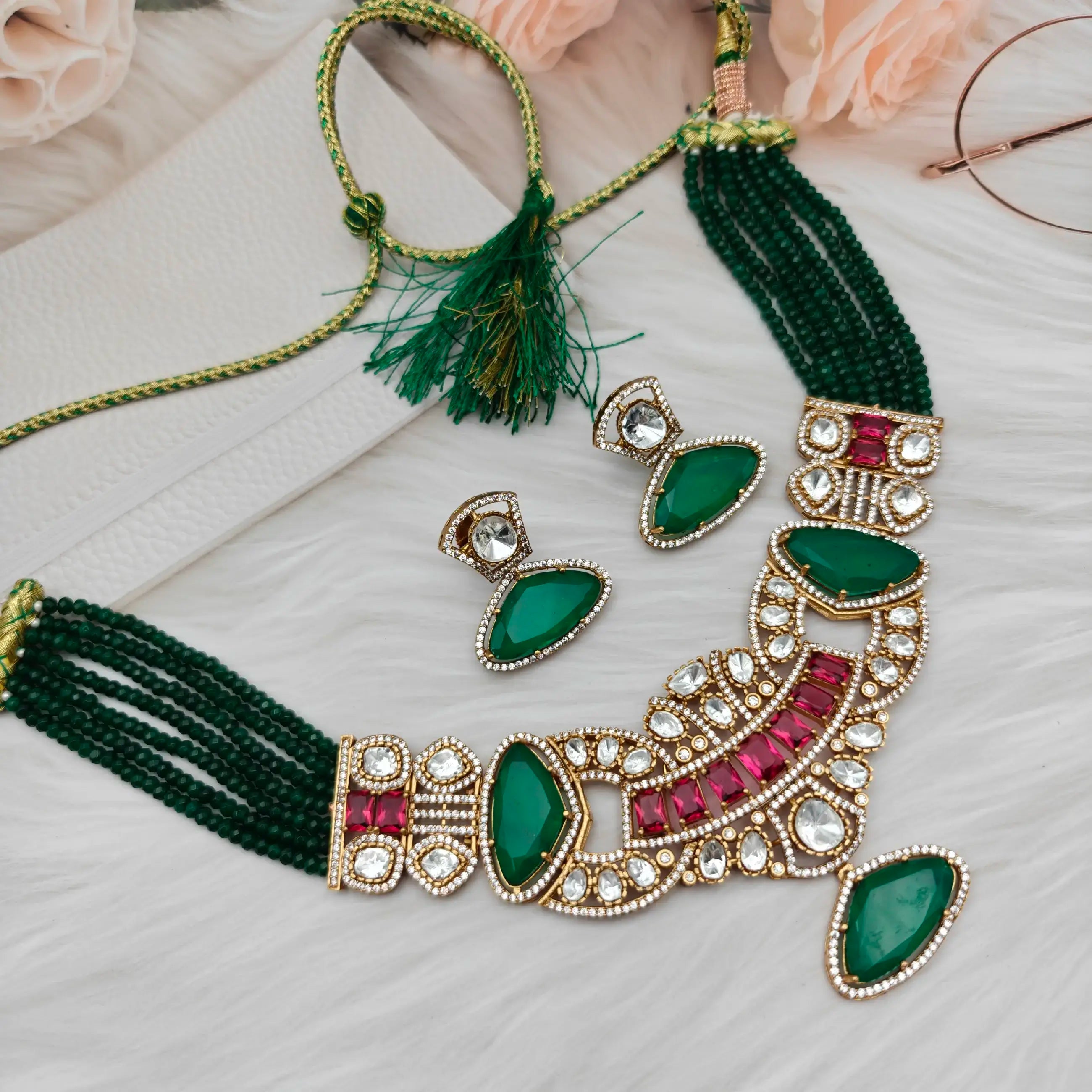 Apsara Doublet And Moissanite Necklace Set - Green N Ruby