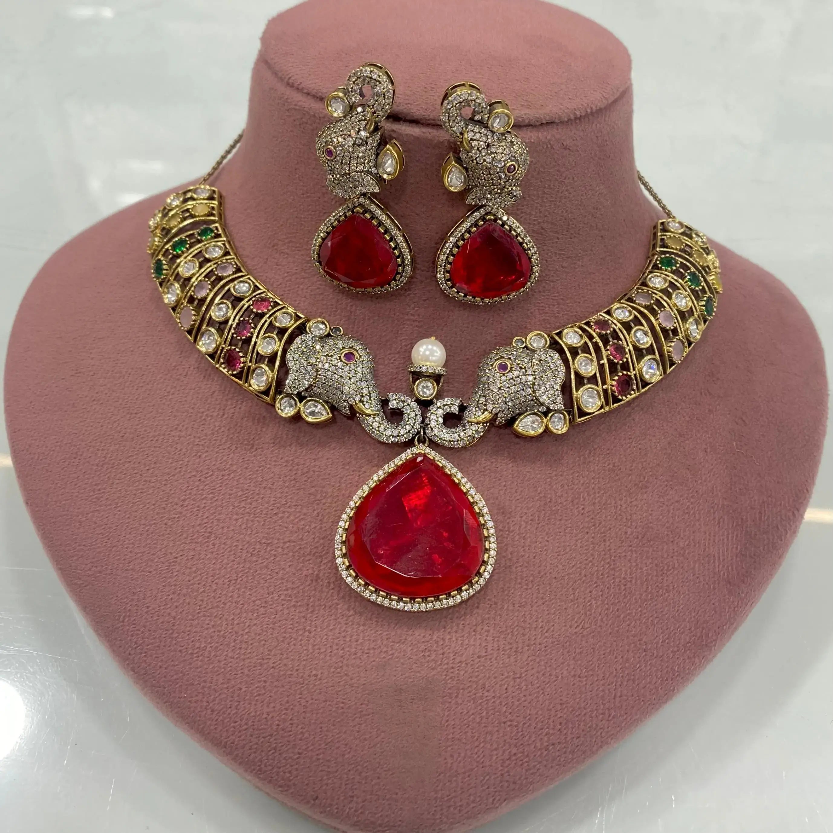 Vidisha Elephant Doublet Necklace Set - Red Multi