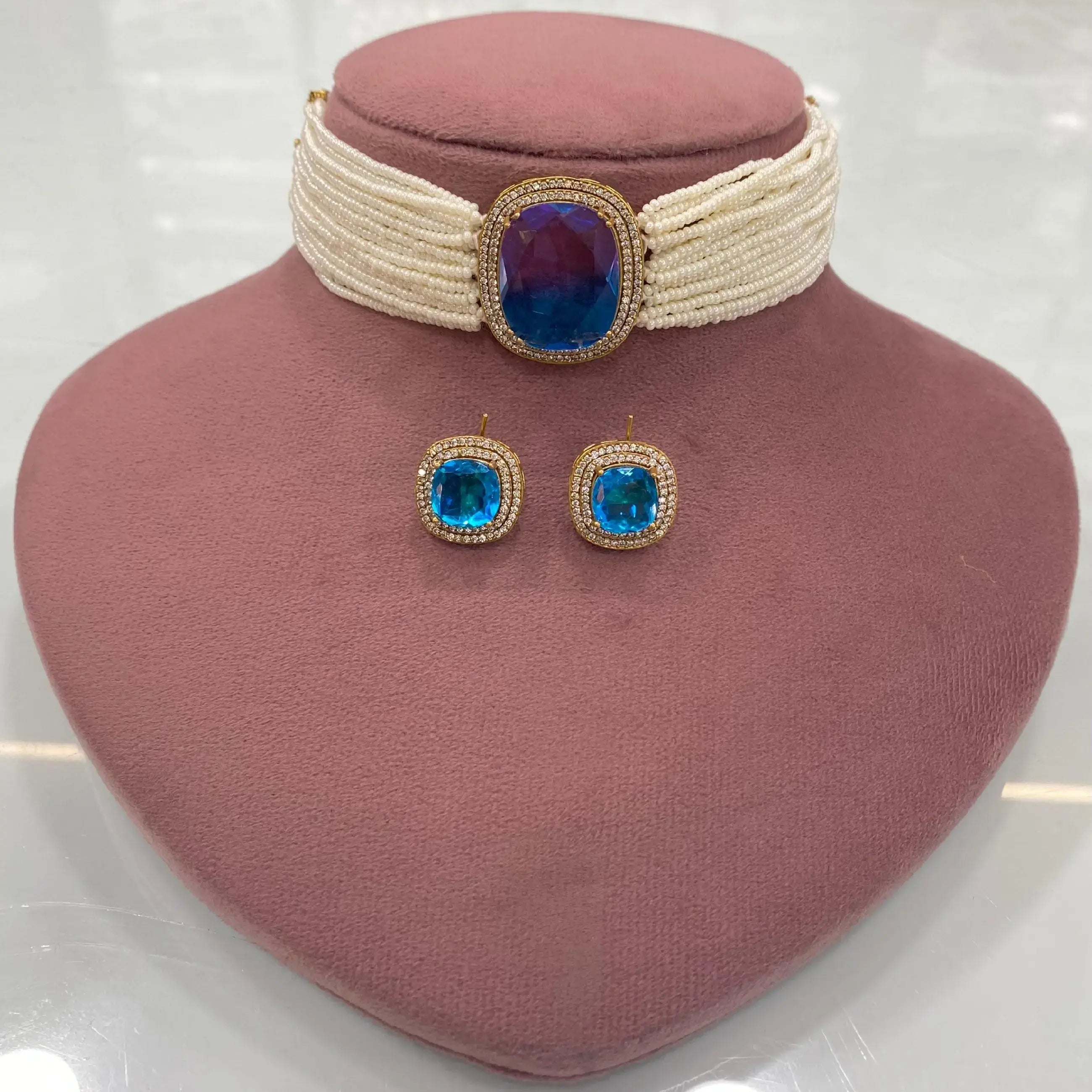 Tourmaline Bio Stone Sleek Choker Set - Blue N Purple