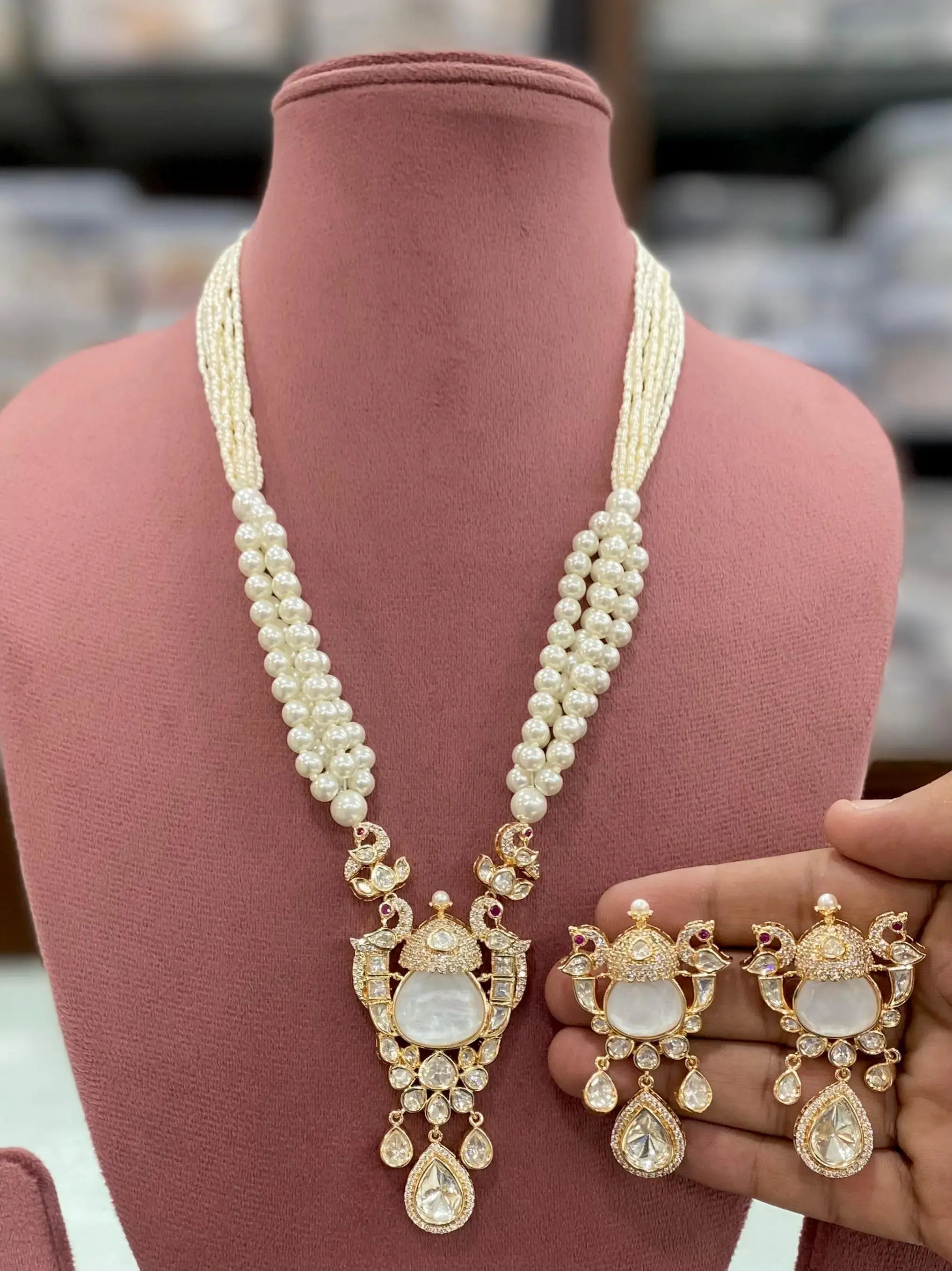 Fitoor Doublet and Moissanite Long Necklace Set - White