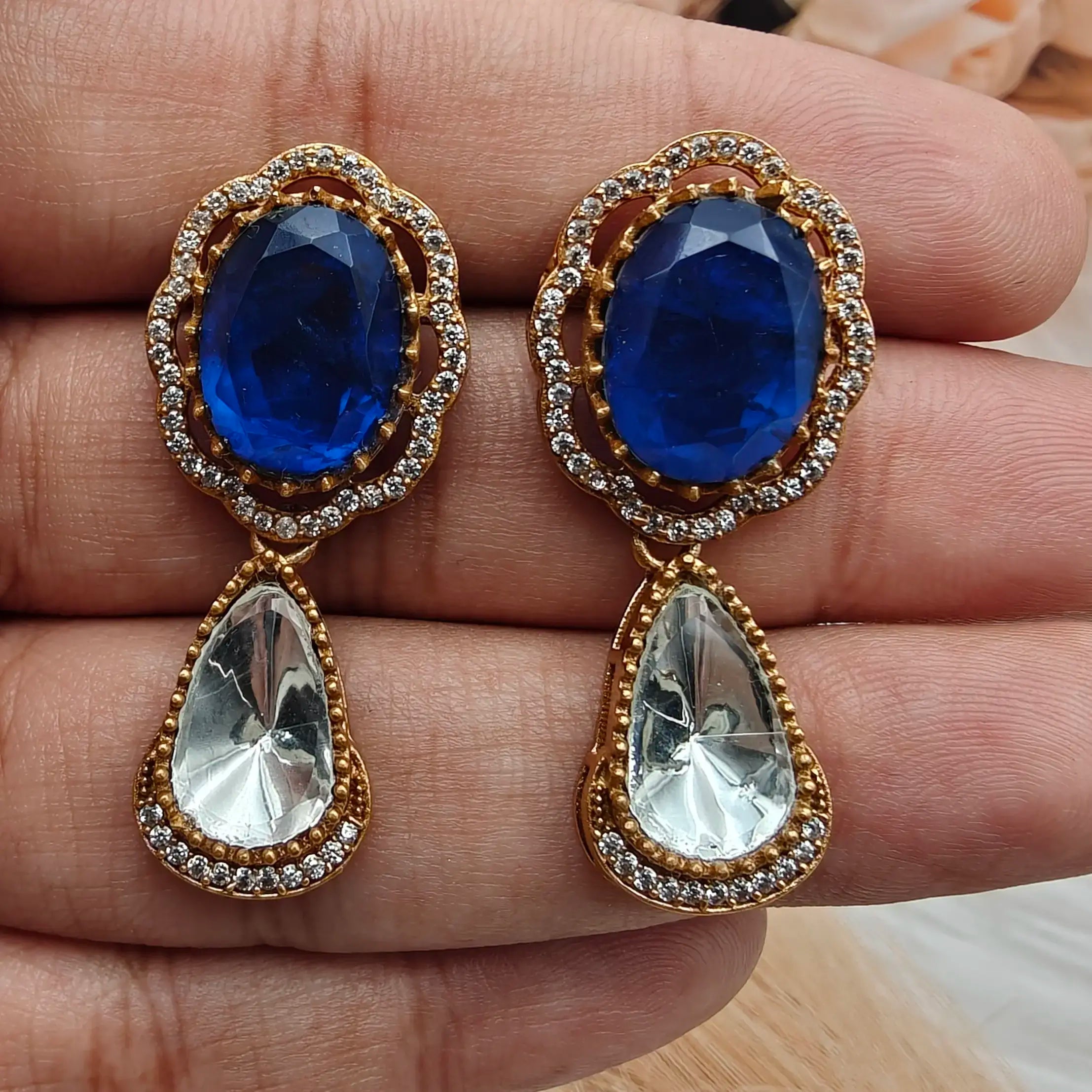 Shabana Doublet Uncut Polki Earrings - Blue