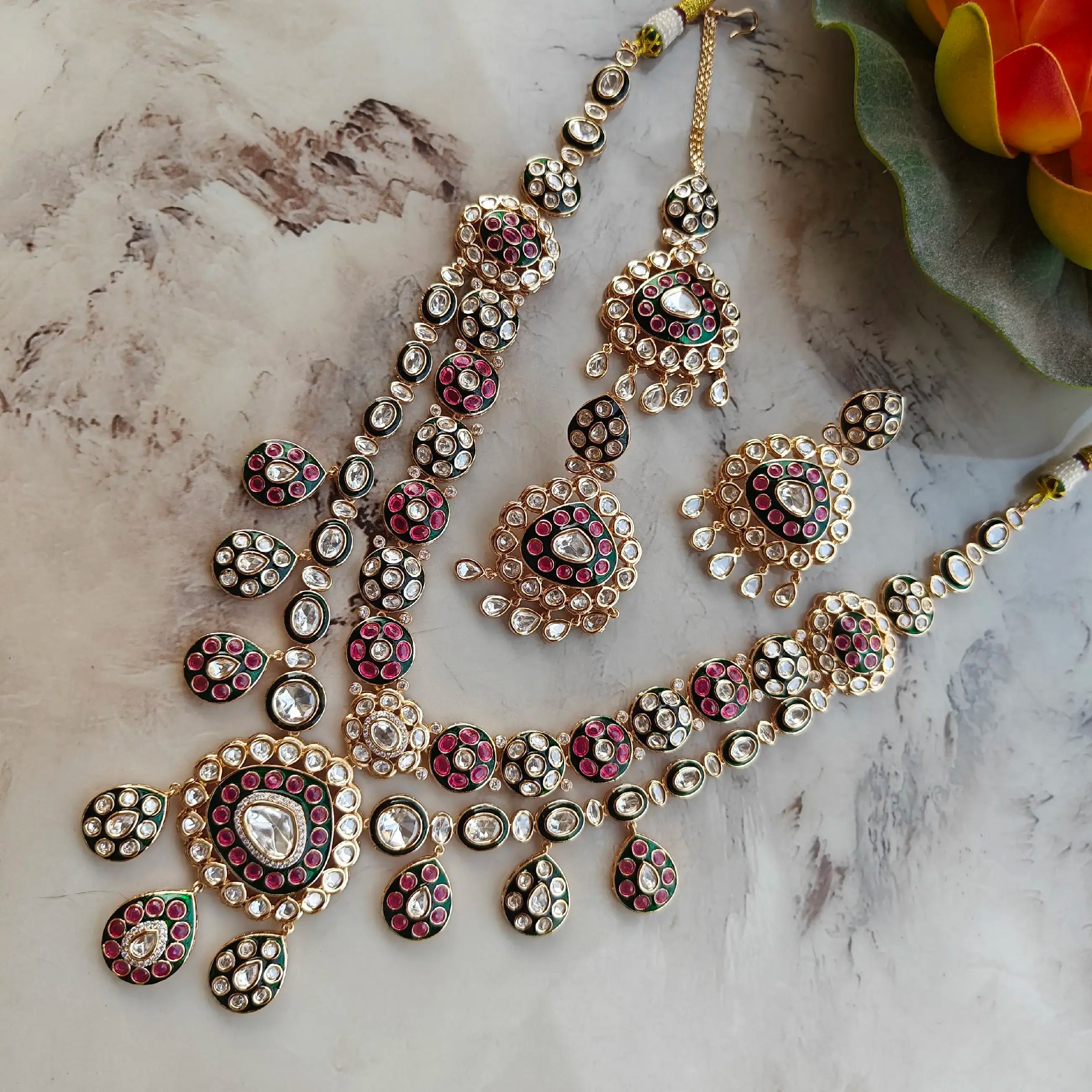 Raahil Double Layer Polki Kundan Meenakari Necklace Set With Mangtikka