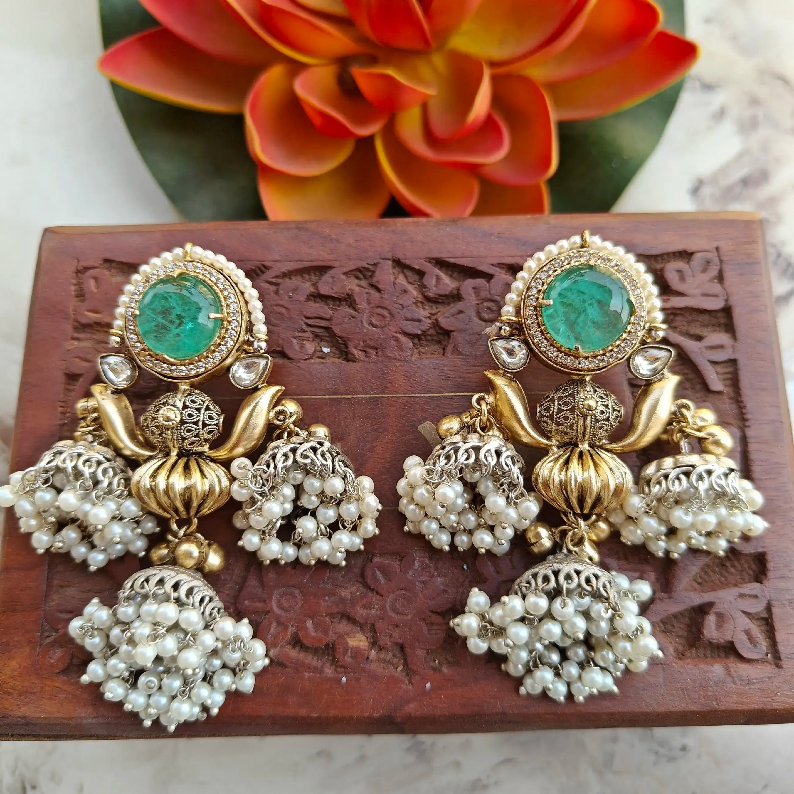 Yasmin Brass Fusion Dual Tone Jhumka Earrings - Mint Green