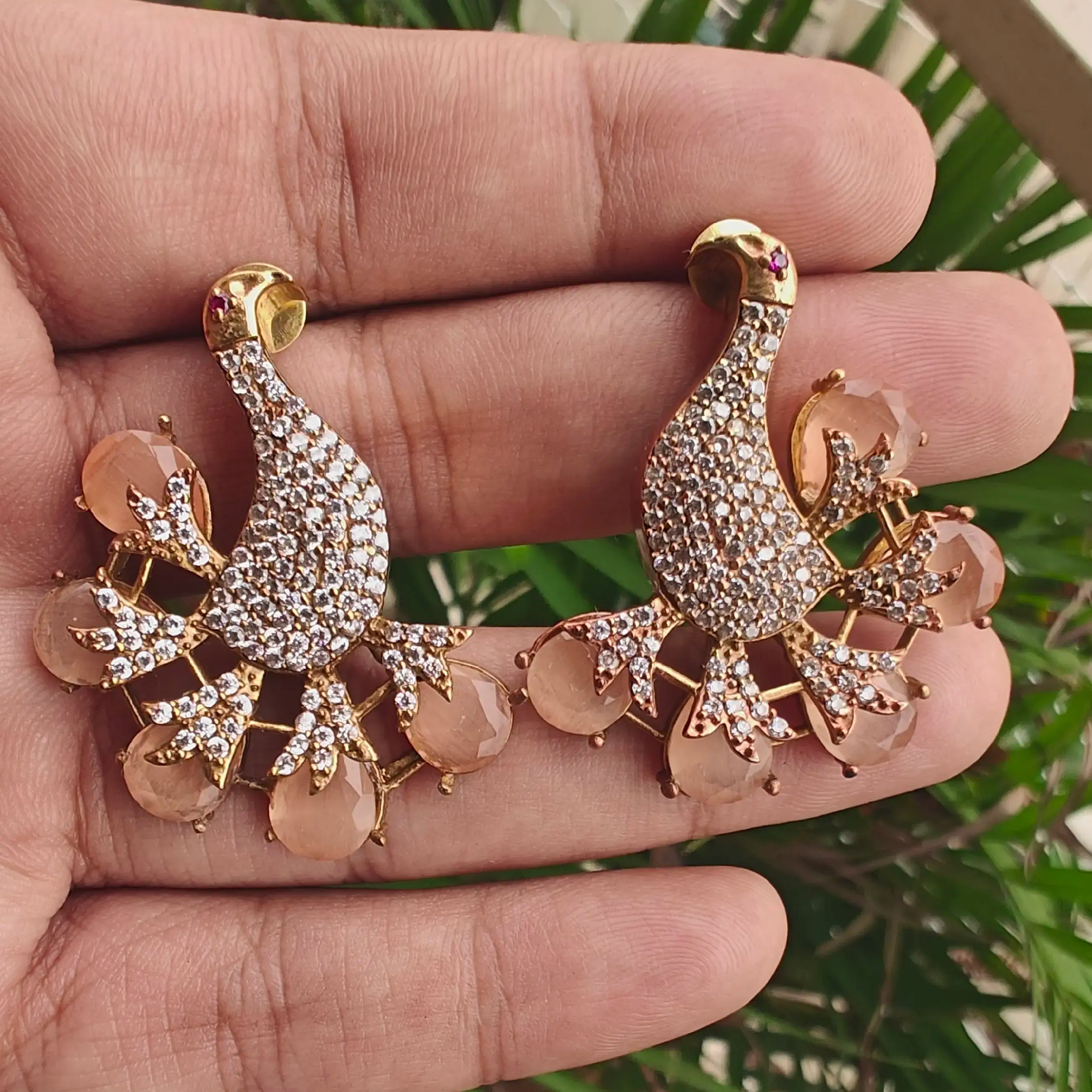 Bird Jadau AD Earrings- Peach