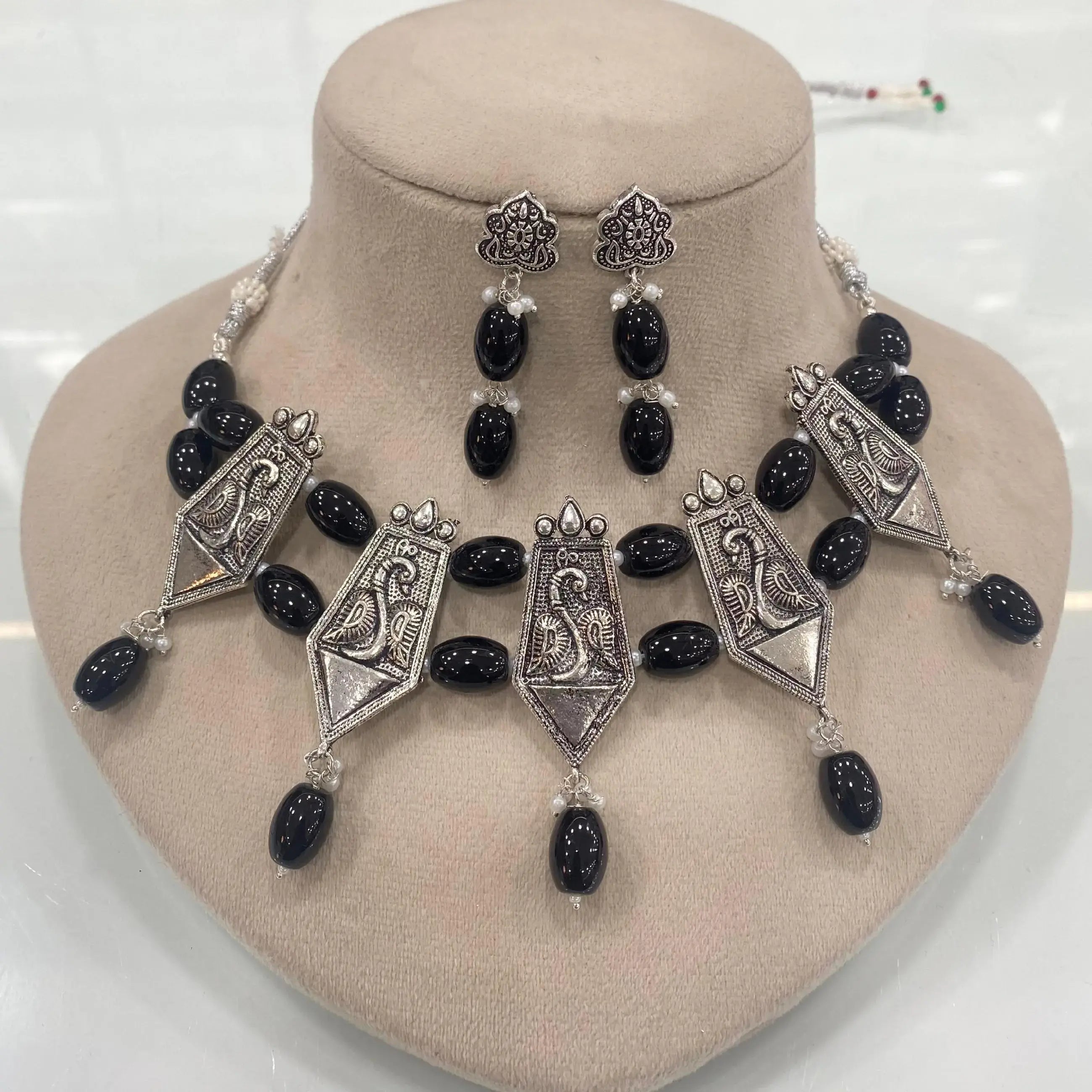 Radhika Silver Replica Necklace Set - Black