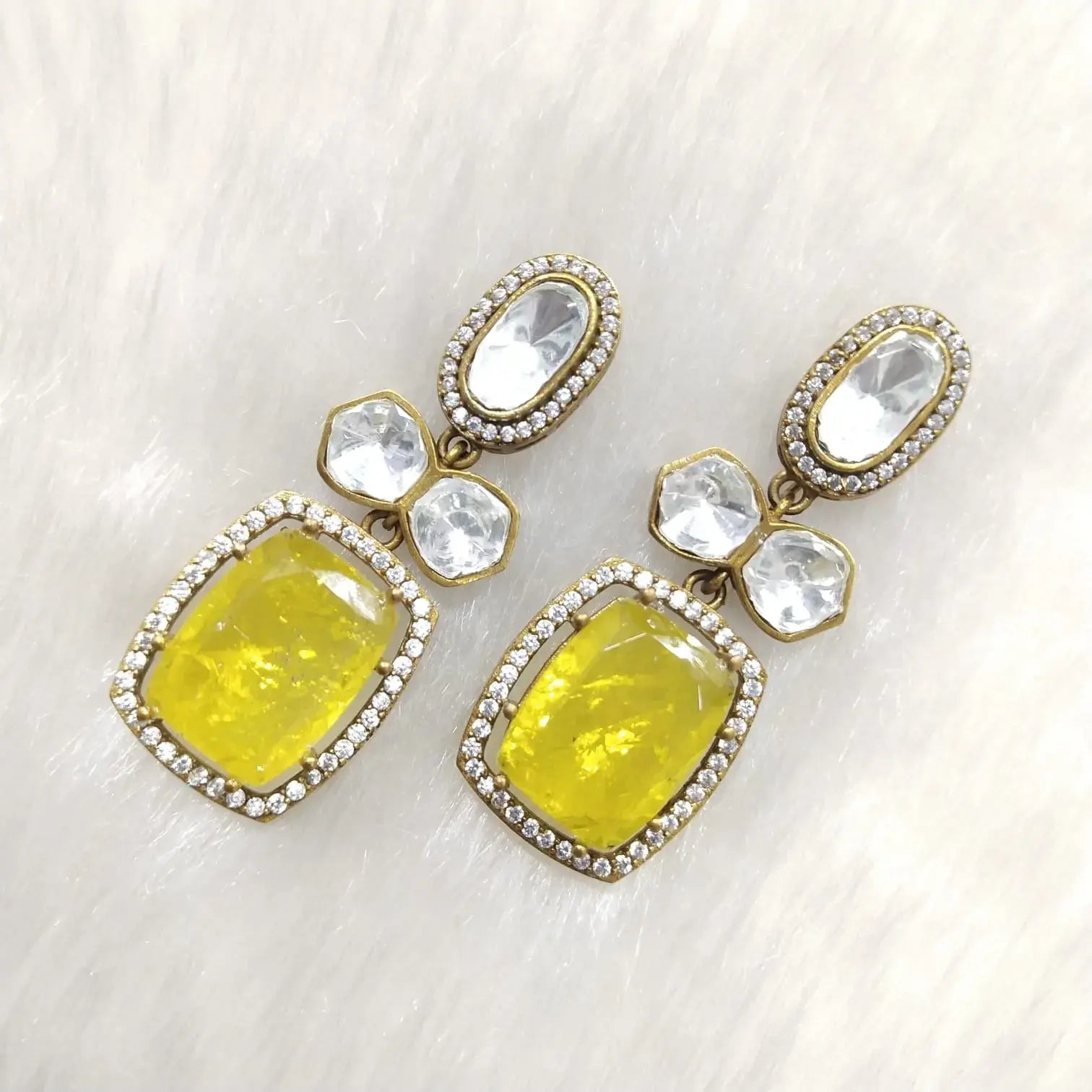 Premium Uncut Polki Sahiba Doublet Earrings- Yellow
