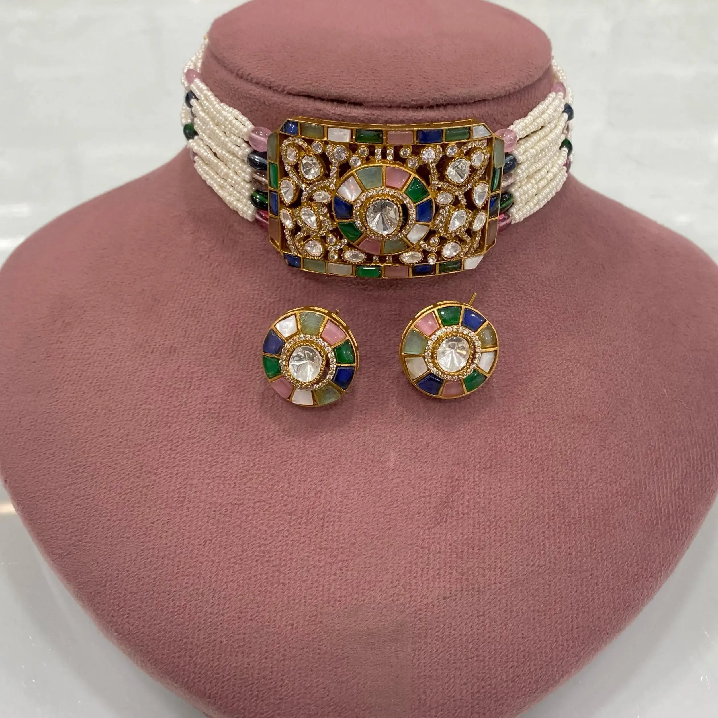 Sultana Takker Stone Uncut Moissanite Polki Choker Set- Multi