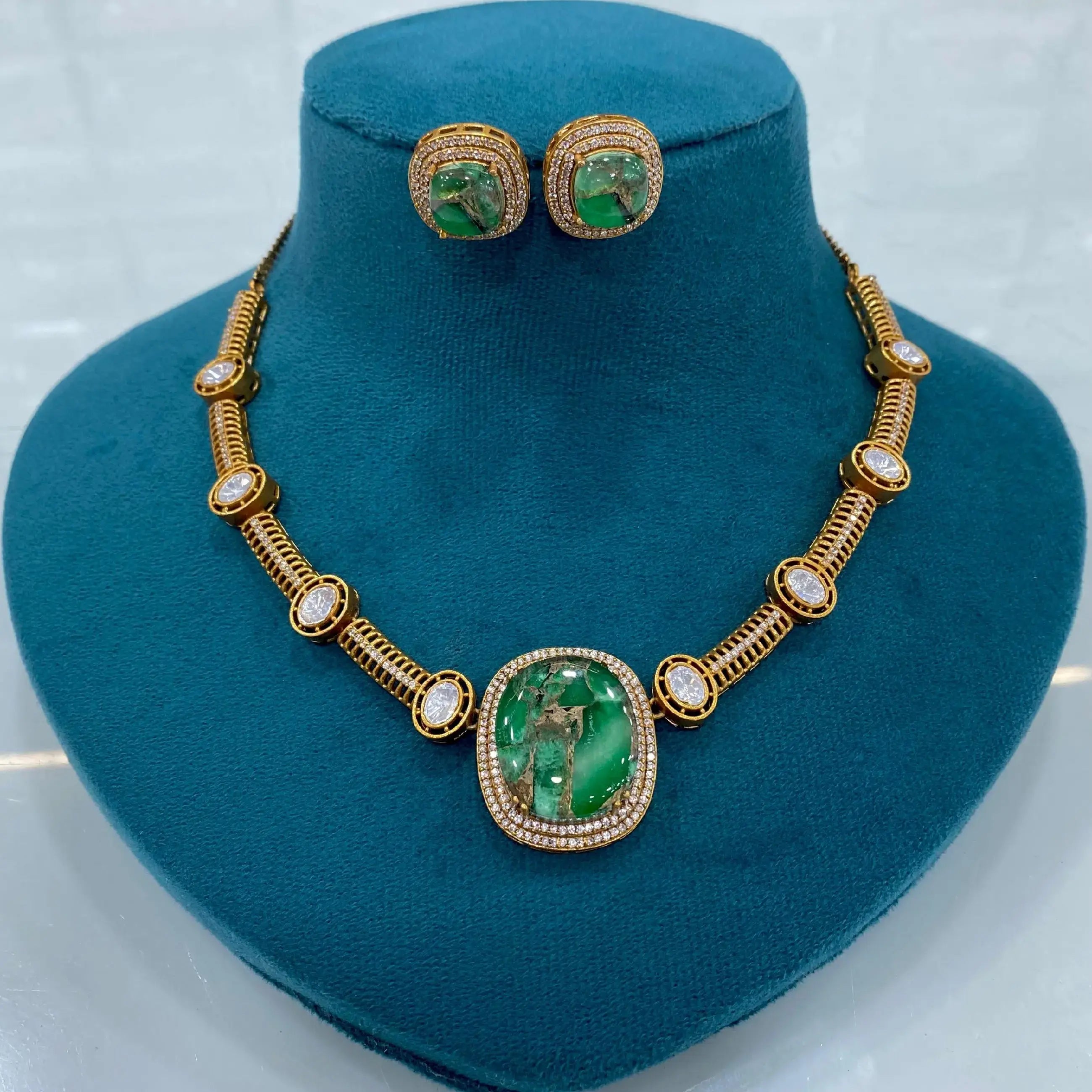 Khwaish Tourmaline Doublet Uncut Polki Necklace Set - Green