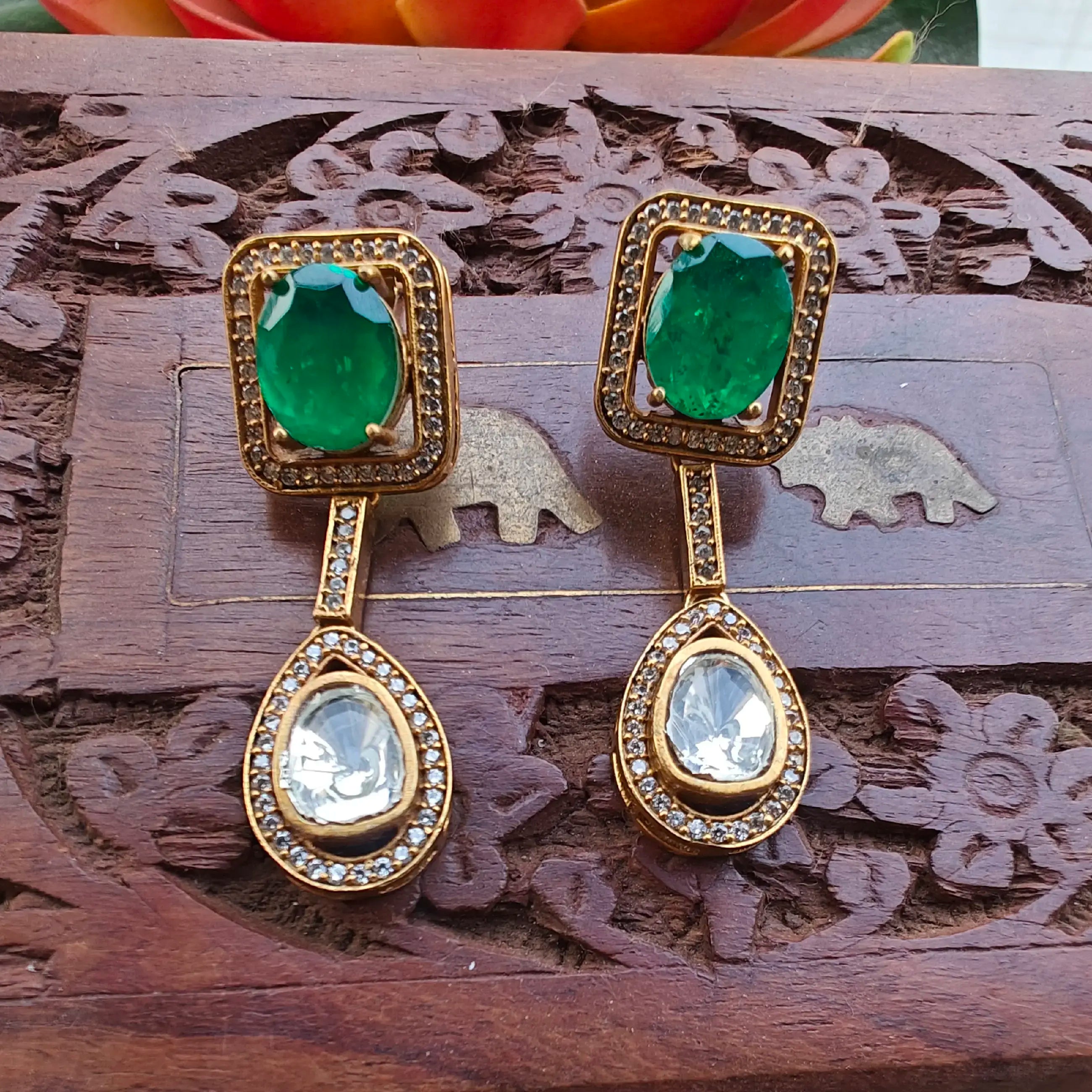 Keher Doublet Uncut Moissanite Polki Dangler - Green