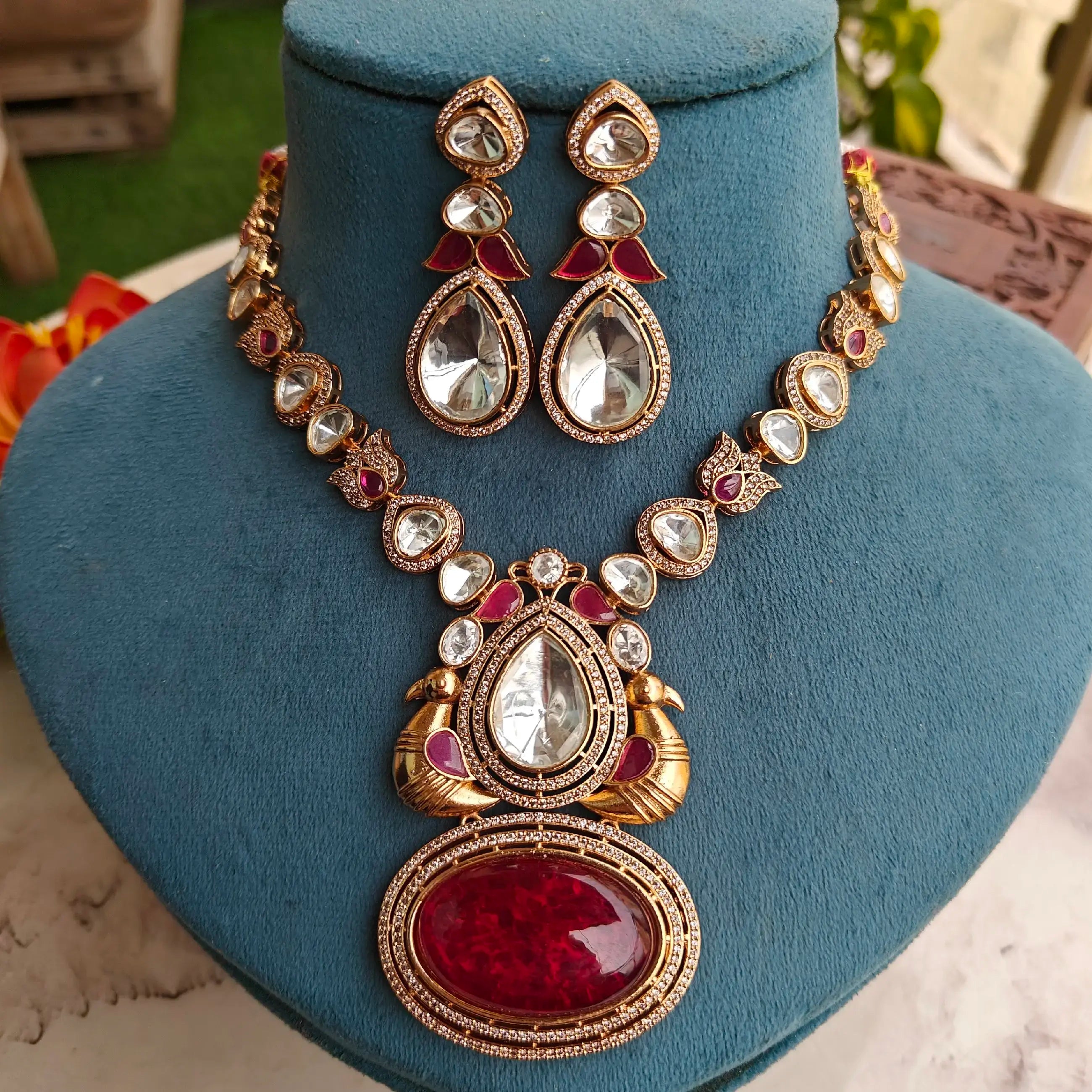 Swayam Cabochon Doublet Necklace Set - Ruby Pink