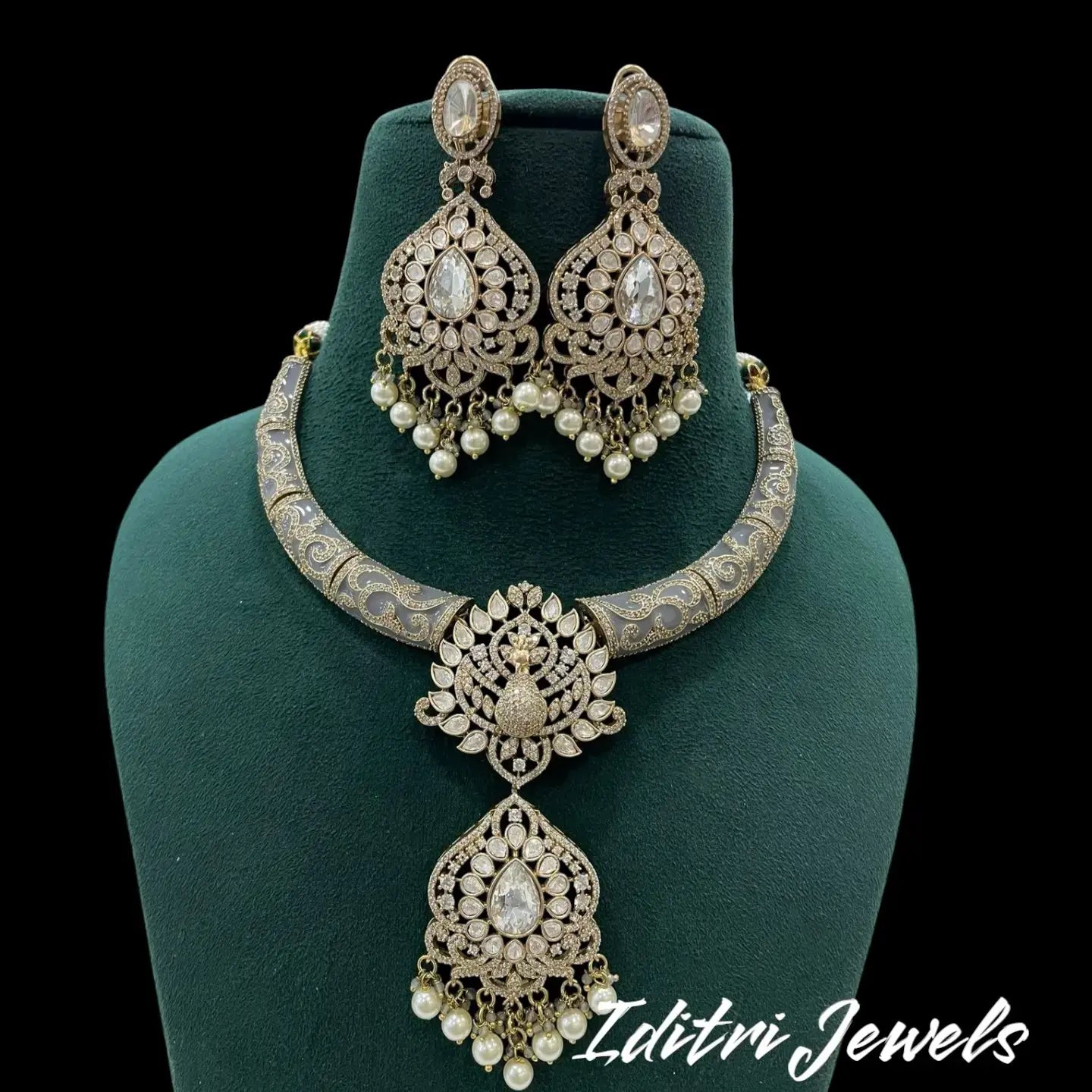 Premium Peacock Moissanite Jadau AD Premium Hasli Set - Grey