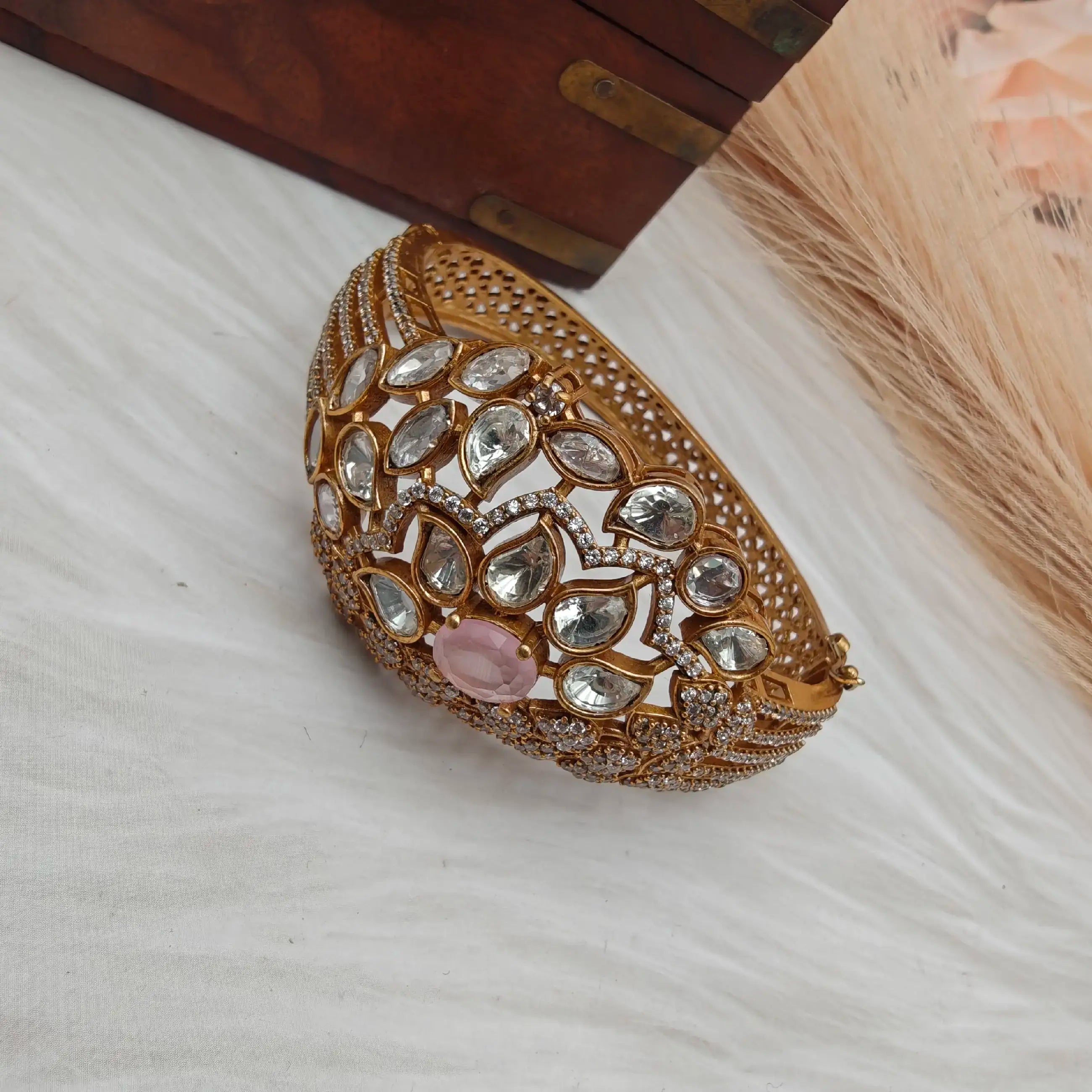 Manyata Uncut Moissanite Polki Openable Bracelet- Pink