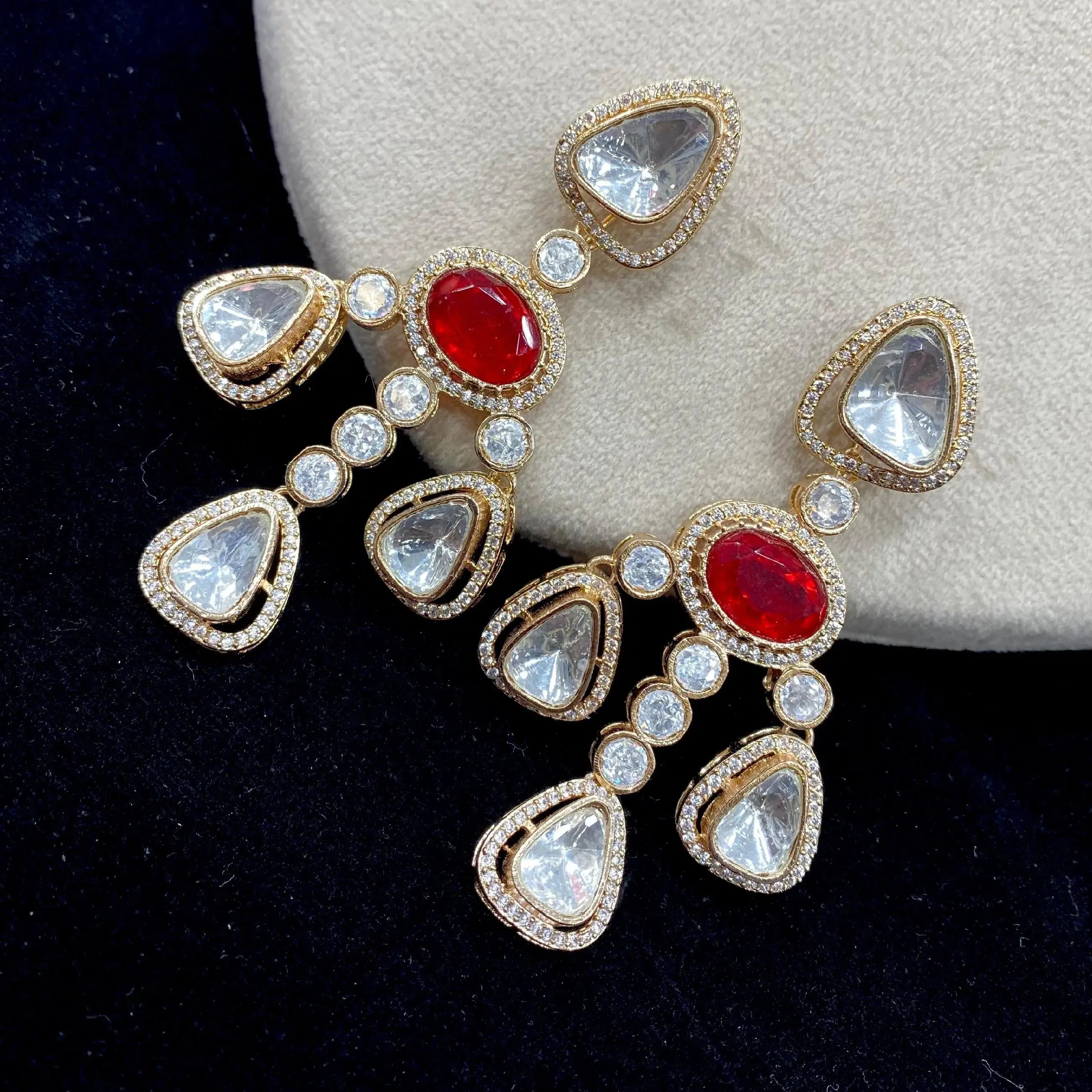 Irada Doublet Uncut Polki Moissanite Chandelier Earrings - Red