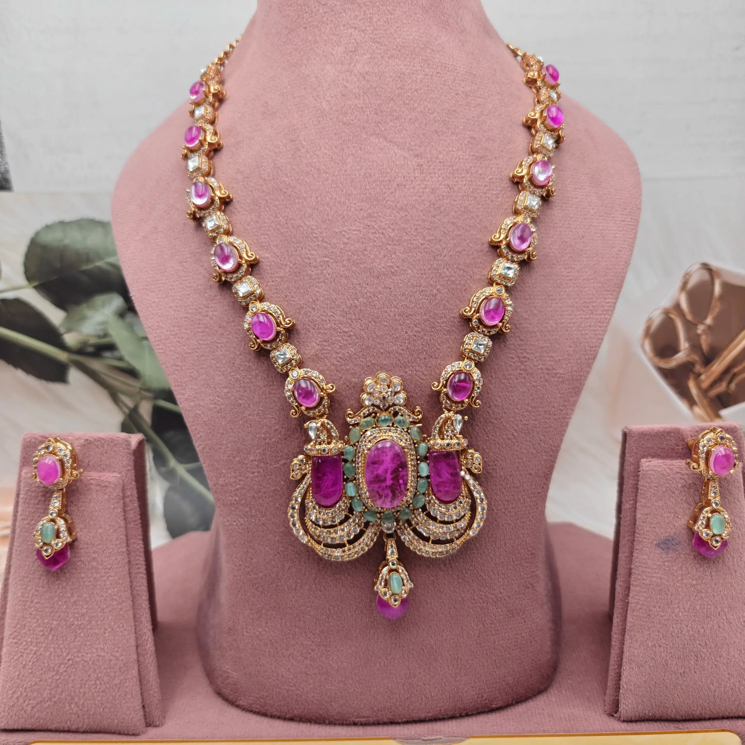 Victoria Moissanite and Cabochon Doublet Premium Necklace Set - Hot Pink n Mint