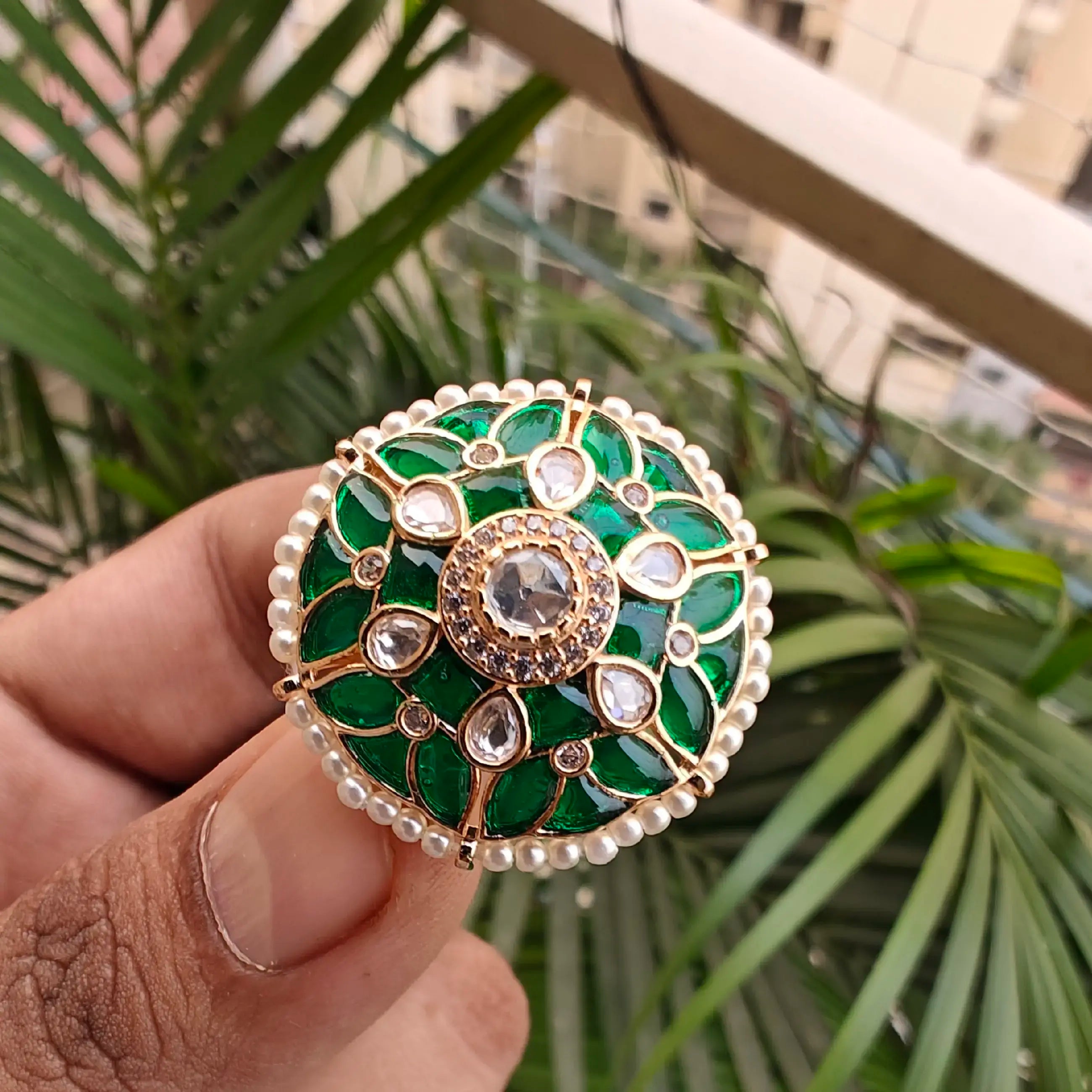 Shrutika Polki Kundan Adjustable Ring - Green