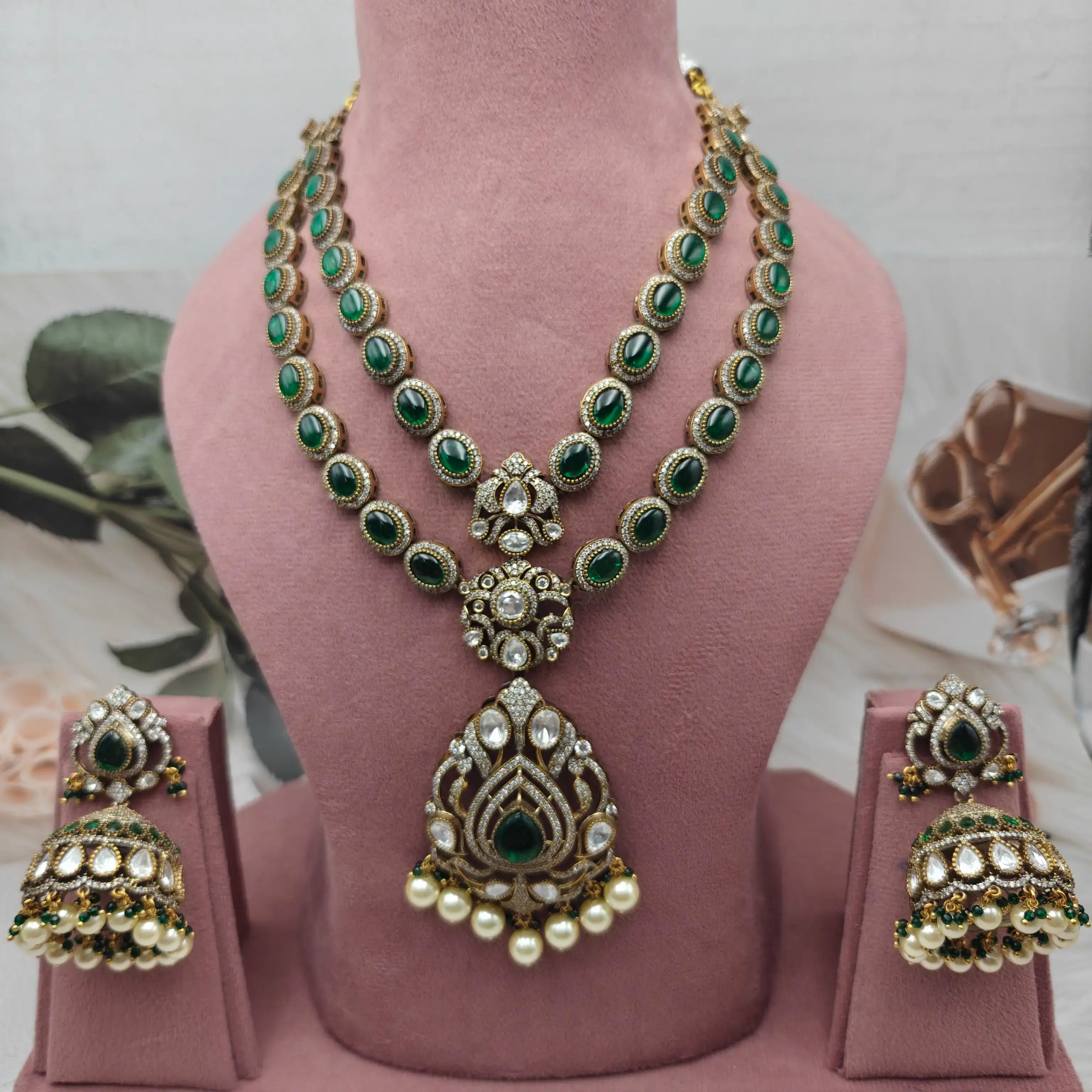 Naazira Emerald Moissanite Double layer Necklace Set - Green