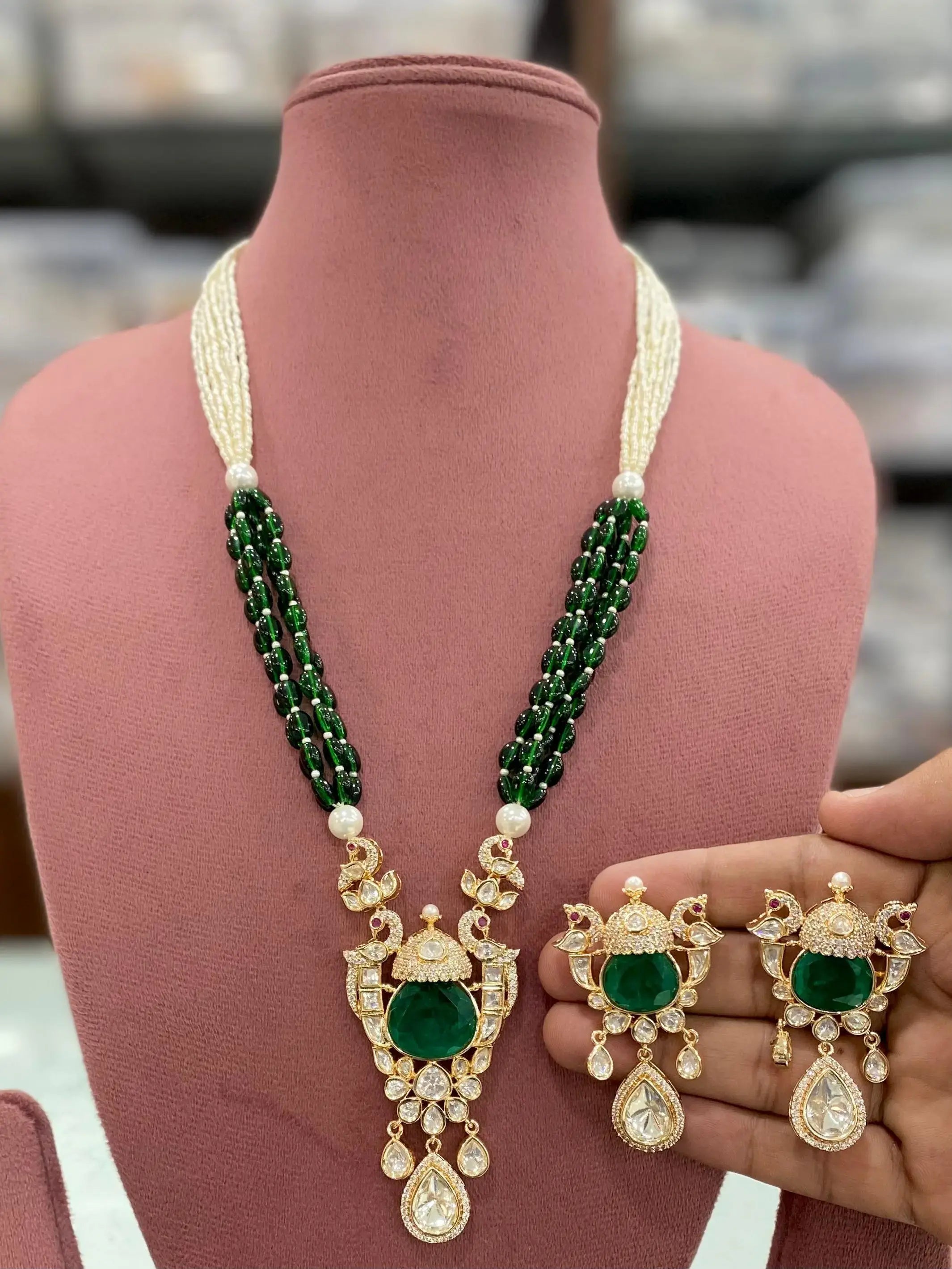 Fitoor Doublet and Moissanite Long Necklace Set - Emerald Green