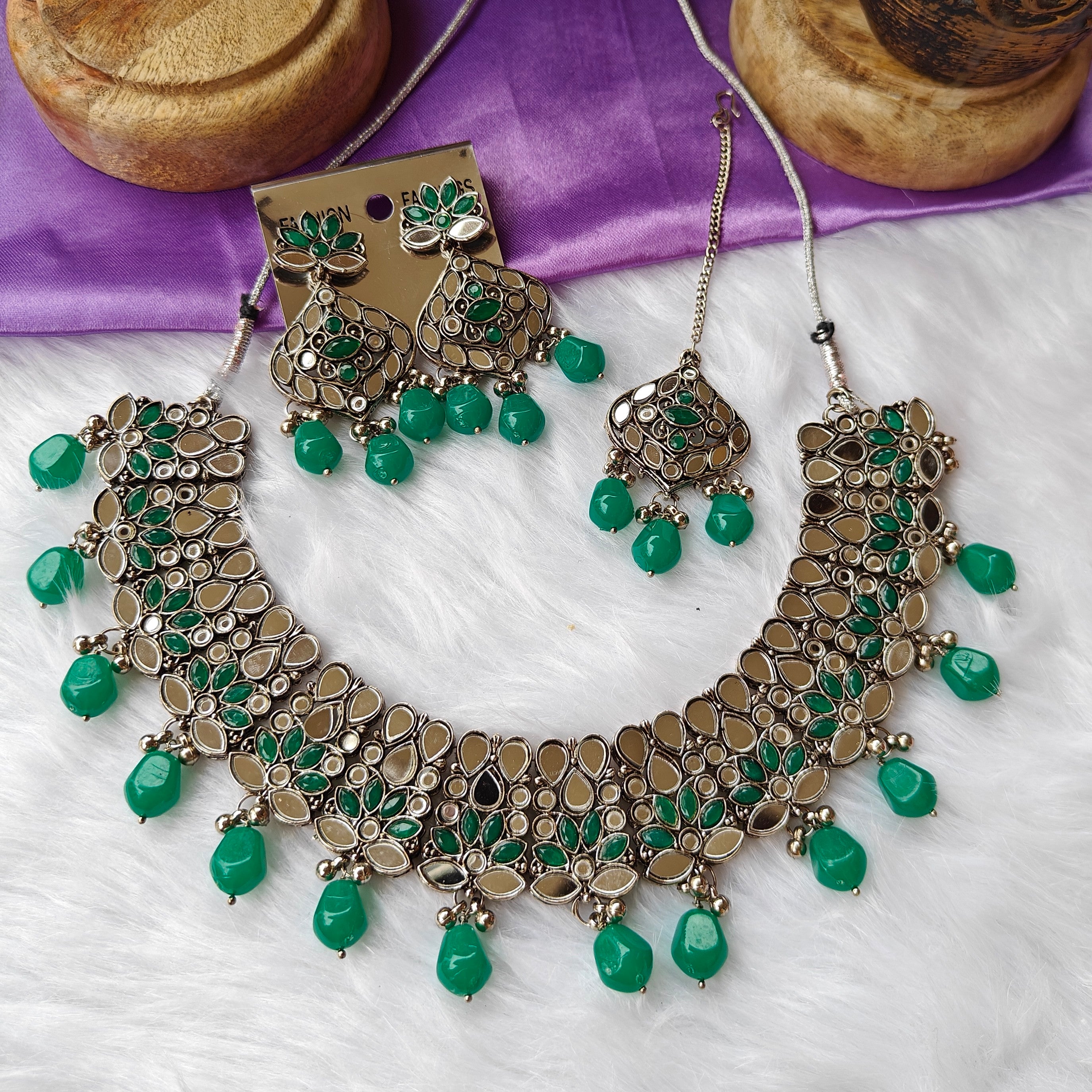 Oxidised Mirror Necklace - Green
