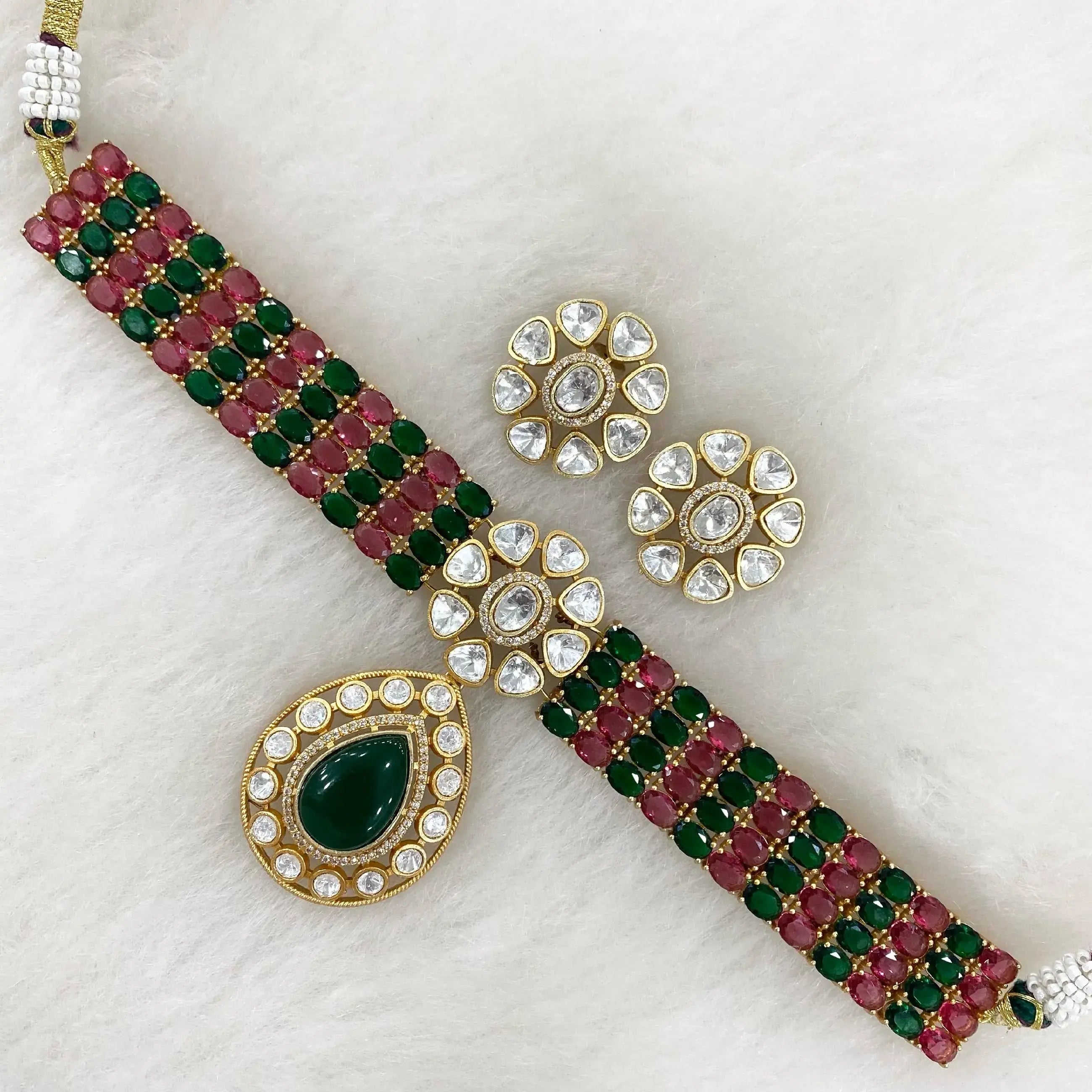 Mia Uncut Moissanite Polki Choker Set - Green N Ruby
