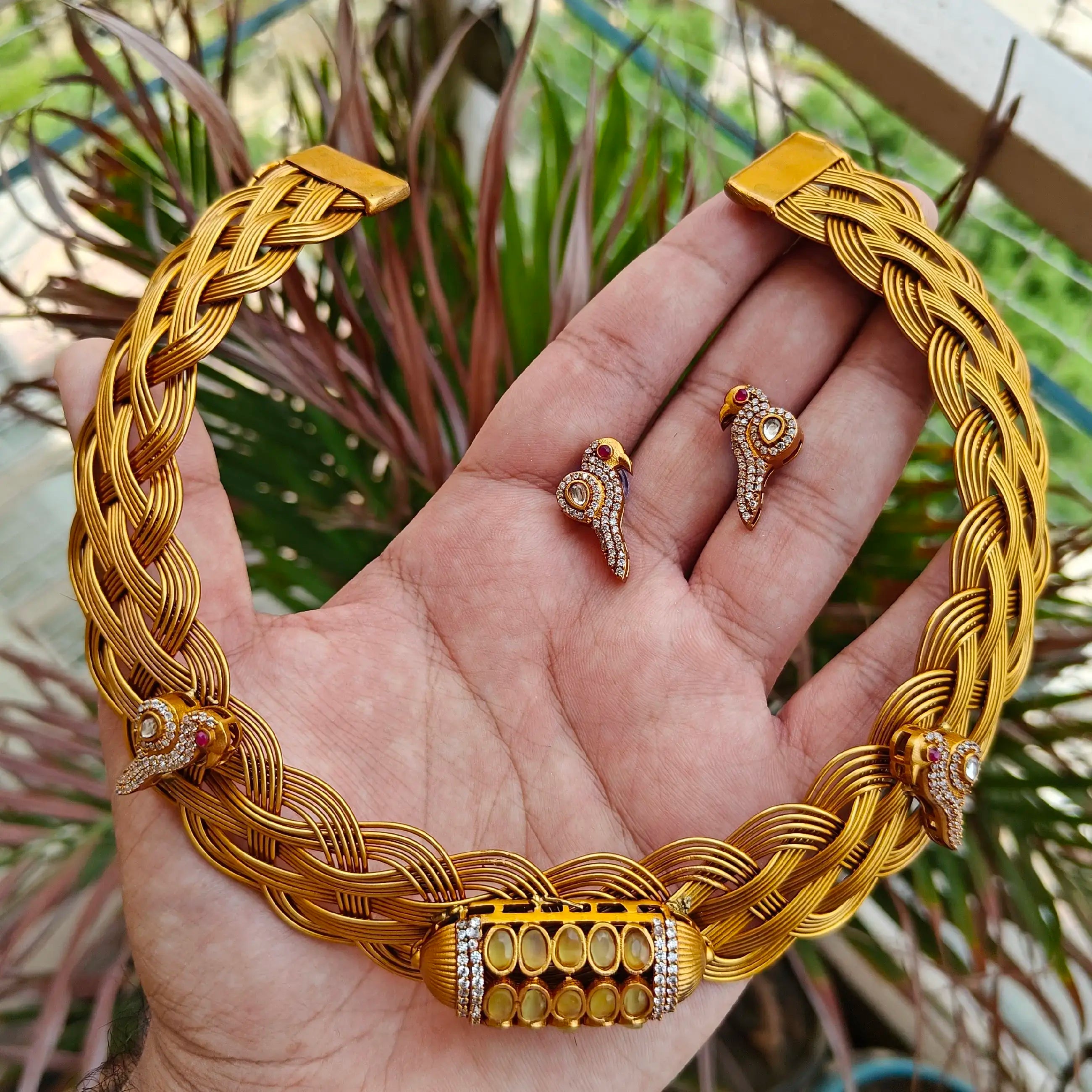 Panchi Brass Hasli Necklace Set- Yellow