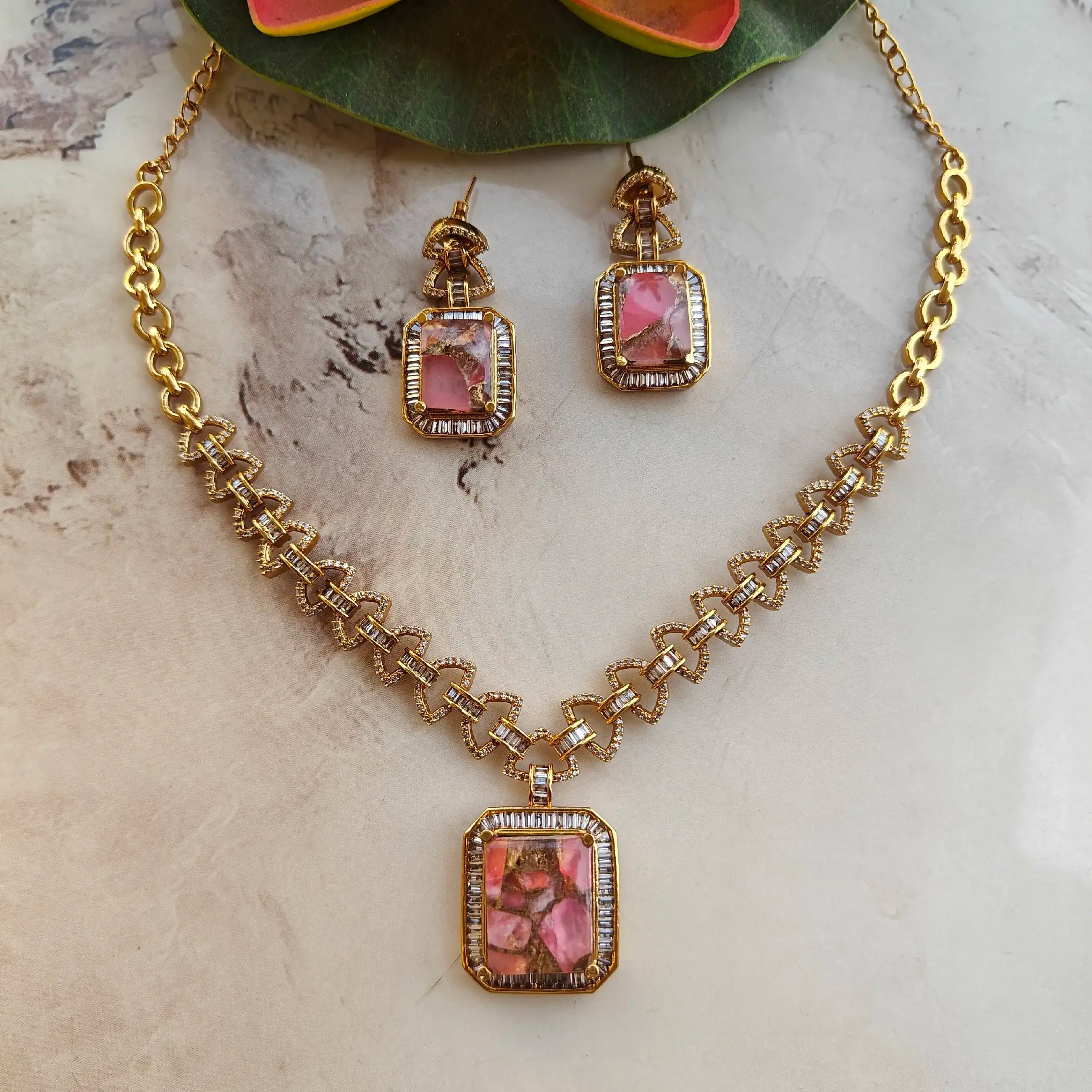 Kanishka Tourmaline Doublet And Baguette Necklace Set - Pink