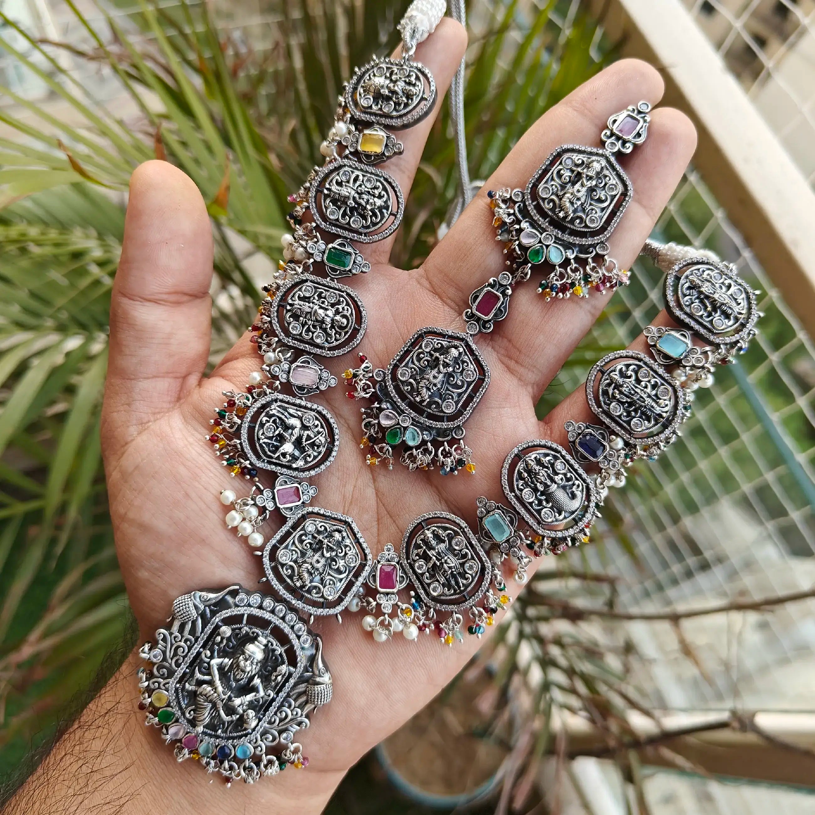 German Silver Premium Temple Necklace Set- Multi